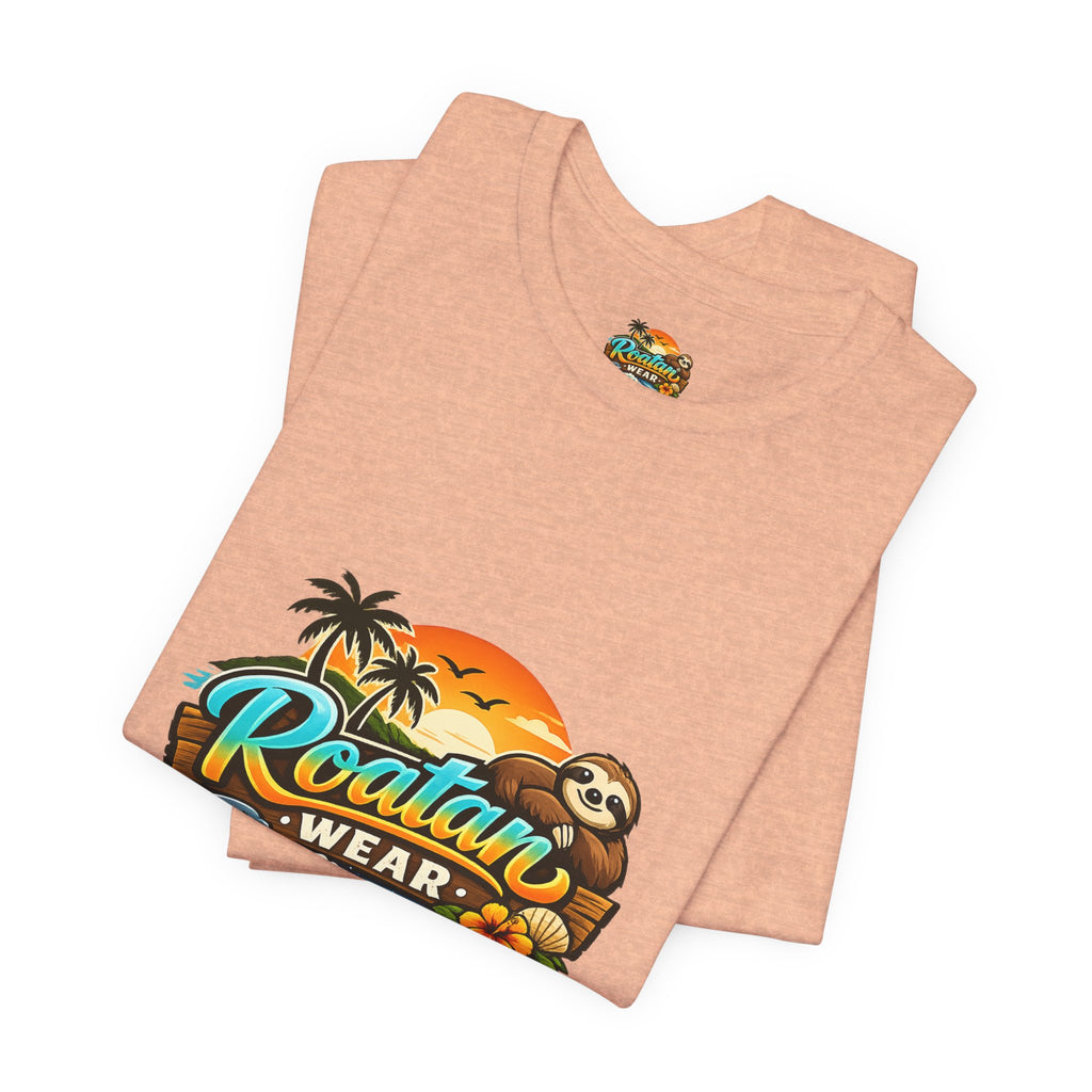 Roatán Wear Tropical Sunset Tee — Island Vibes Sloth Graphic Shirt