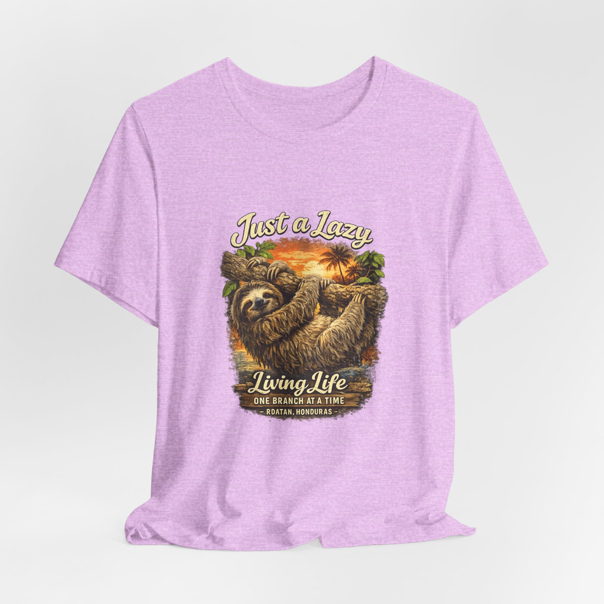 Sloth 'Just a Lazy Living Life' Graphic Tee — Beach Sunset Relaxed T-Shirt
