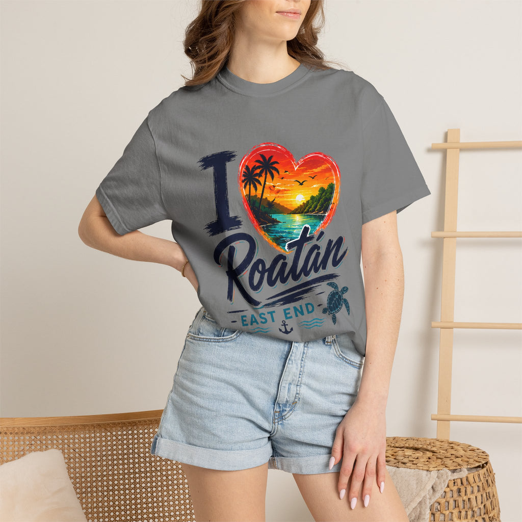 I Love Roatán East End T-Shirt — Tropical Heart Sunset Souvenir