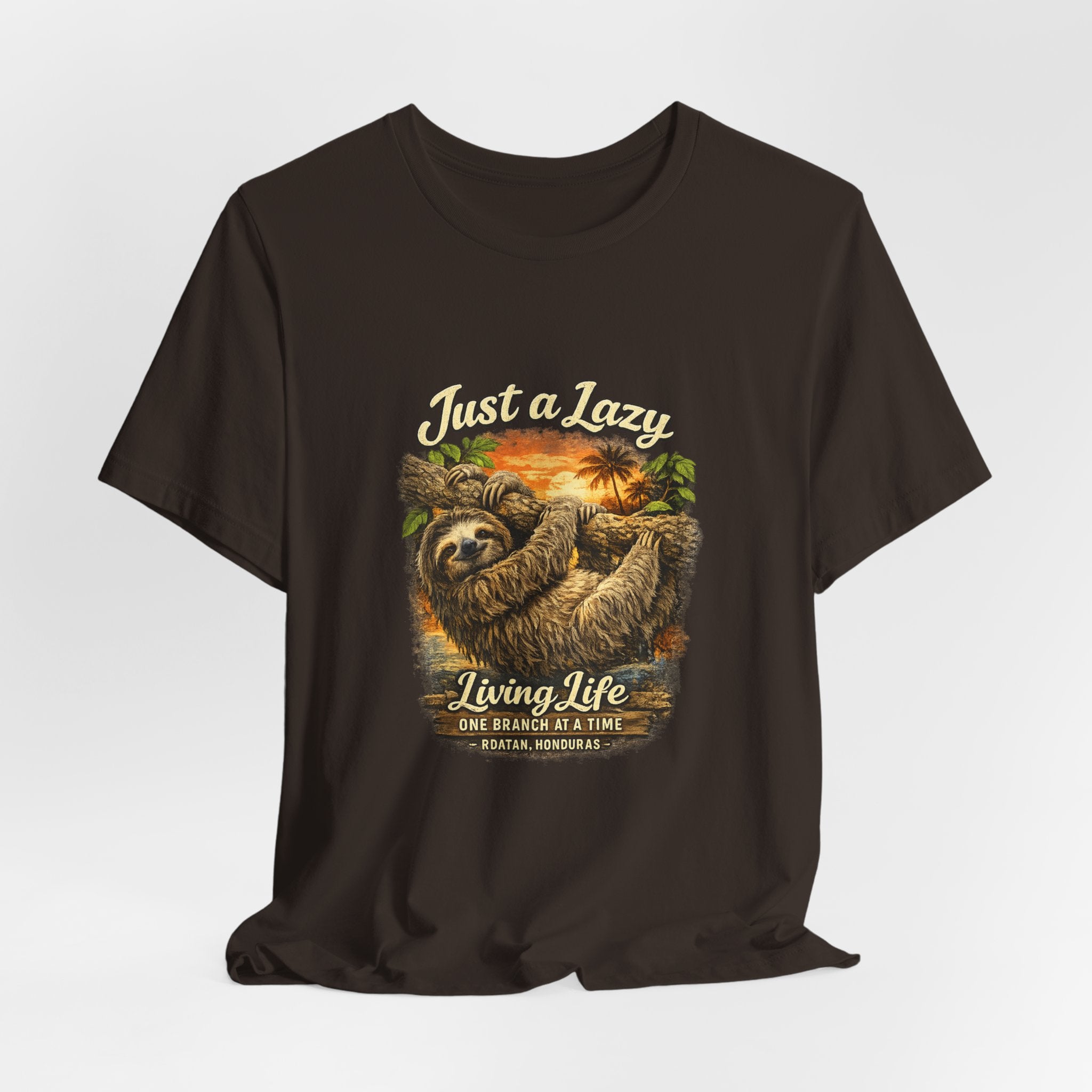 Sloth 'Just a Lazy Living Life' Graphic Tee — Beach Sunset Relaxed T-Shirt