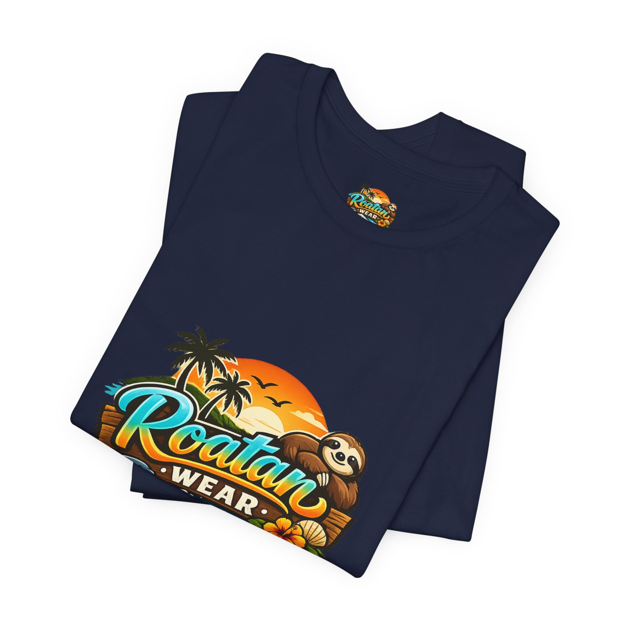 Roatán Wear Tropical Sunset Tee — Island Vibes Sloth Graphic Shirt