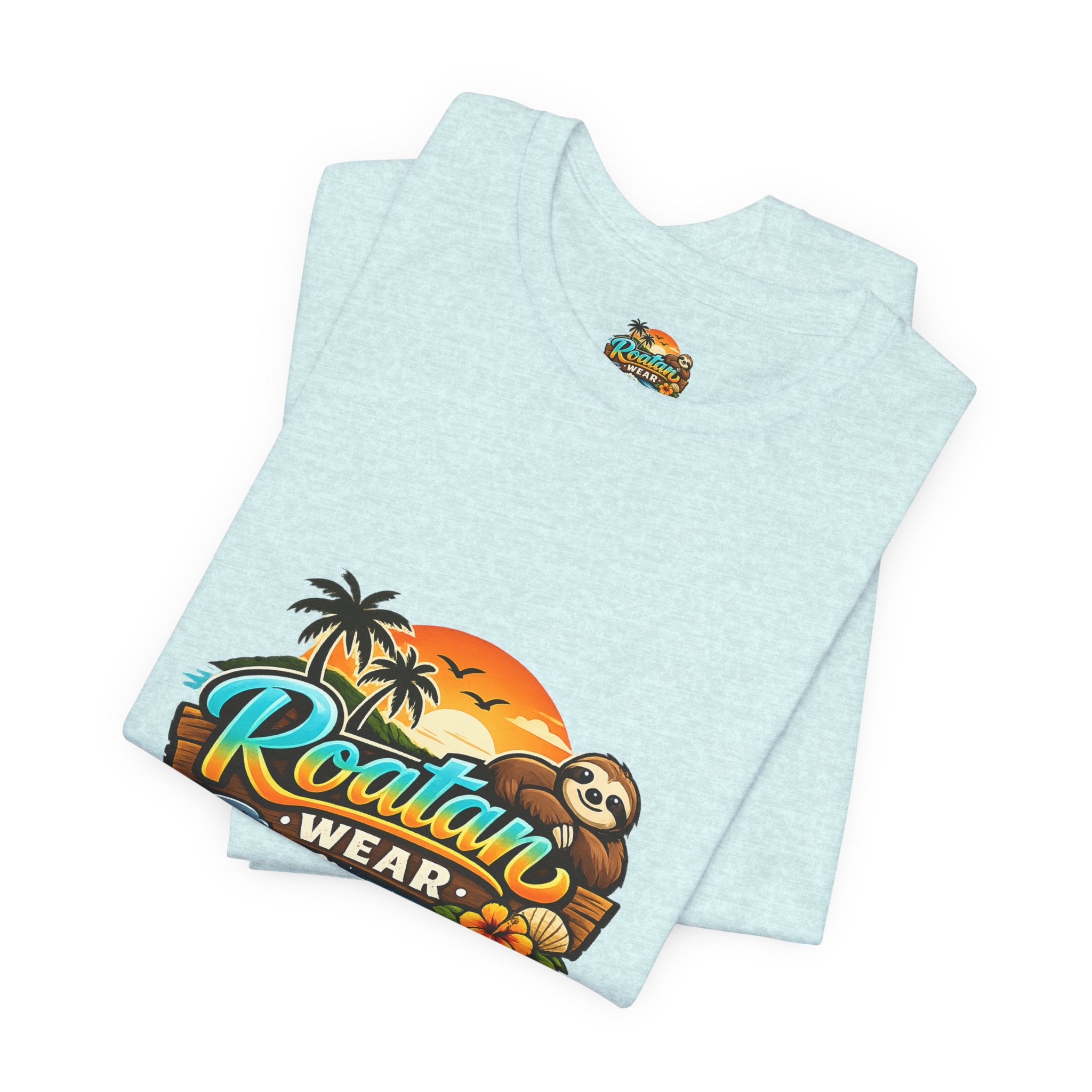 Roatán Wear Tropical Sunset Tee — Island Vibes Sloth Graphic Shirt