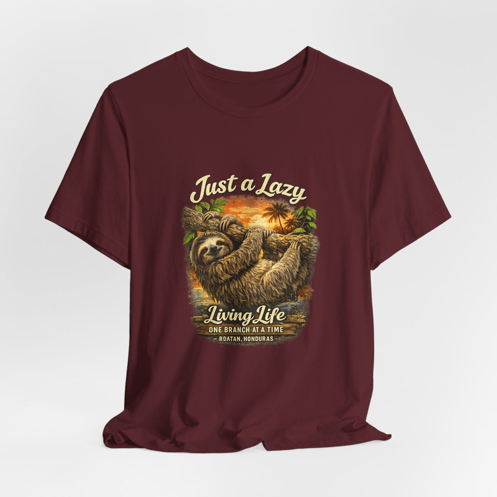 Sloth 'Just a Lazy Living Life' Graphic Tee — Beach Sunset Relaxed T-Shirt