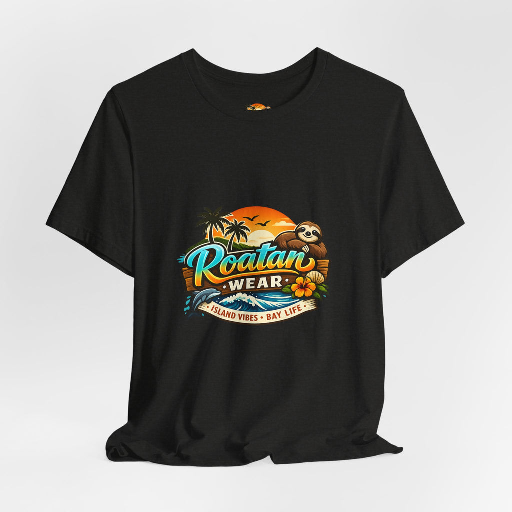 Roatán Wear Tropical Sunset Tee — Island Vibes Sloth Graphic Shirt