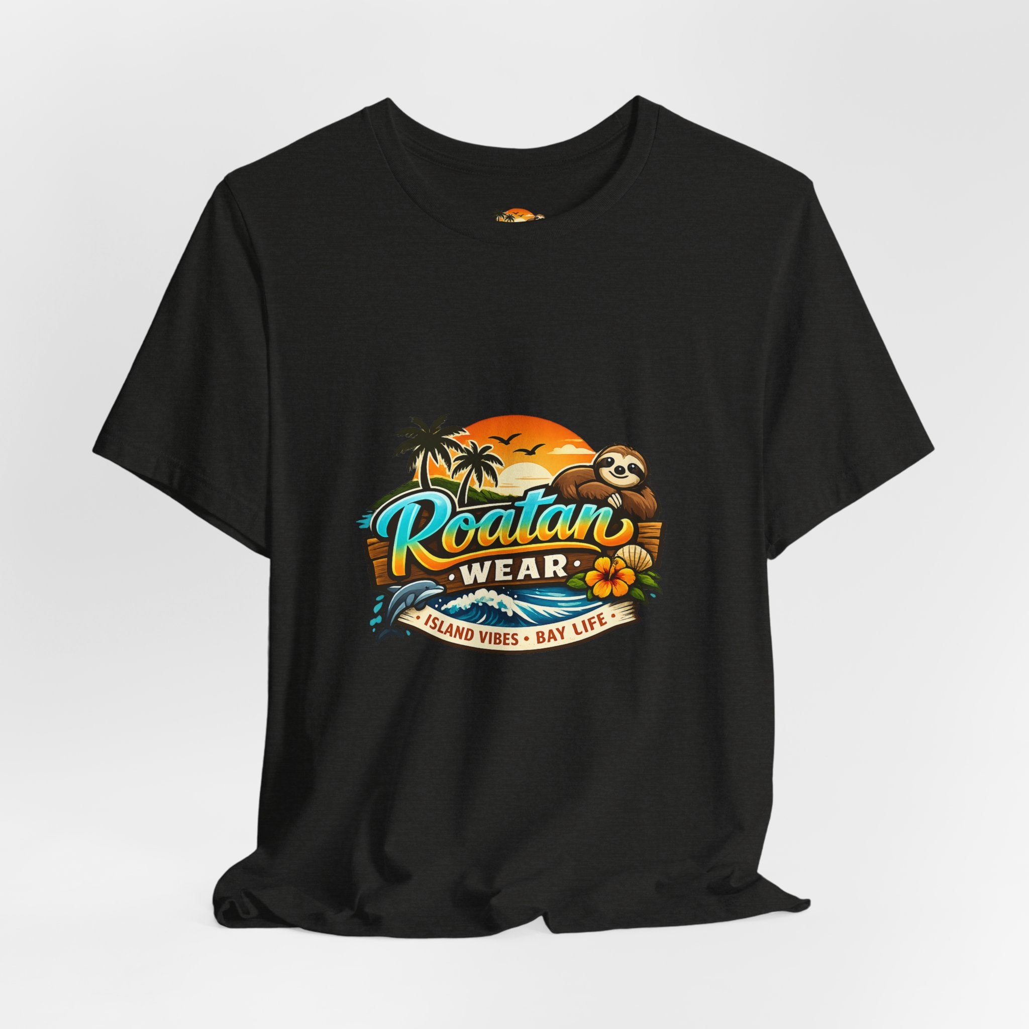 Roatán Wear Tropical Sunset Tee — Island Vibes Sloth Graphic Shirt