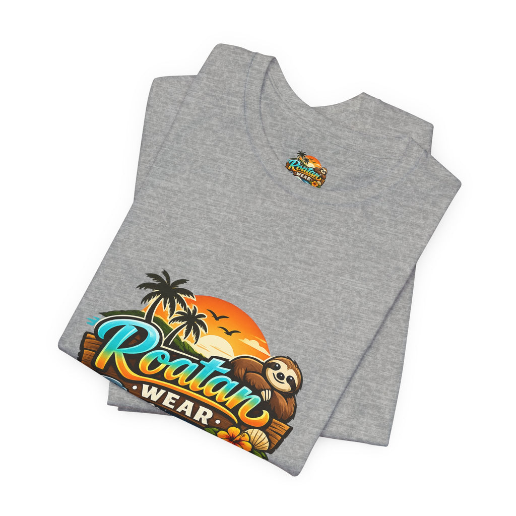 Roatán Wear Tropical Sunset Tee — Island Vibes Sloth Graphic Shirt