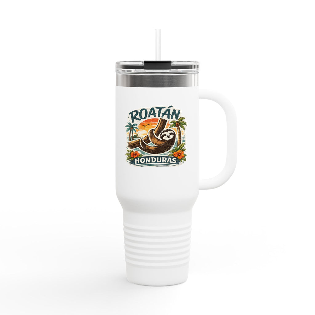 Roatán Honduras Travel Mug 40oz — Tropical Palm & Sloth Insulated Tumbler