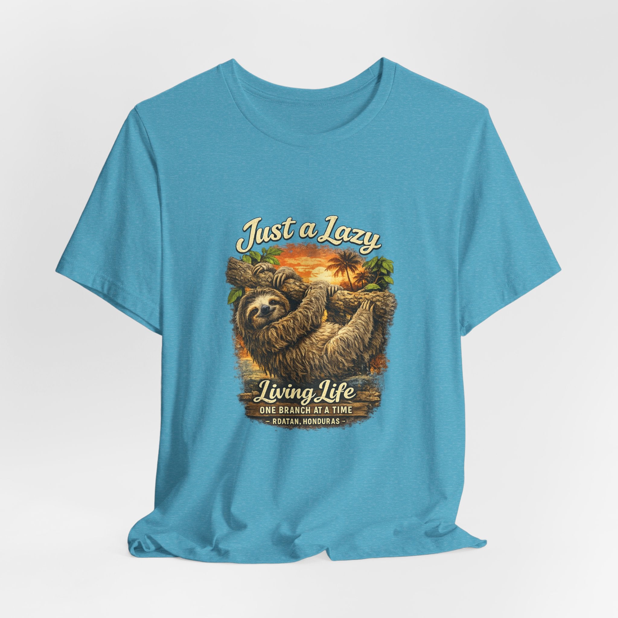 Sloth 'Just a Lazy Living Life' Graphic Tee — Beach Sunset Relaxed T-Shirt