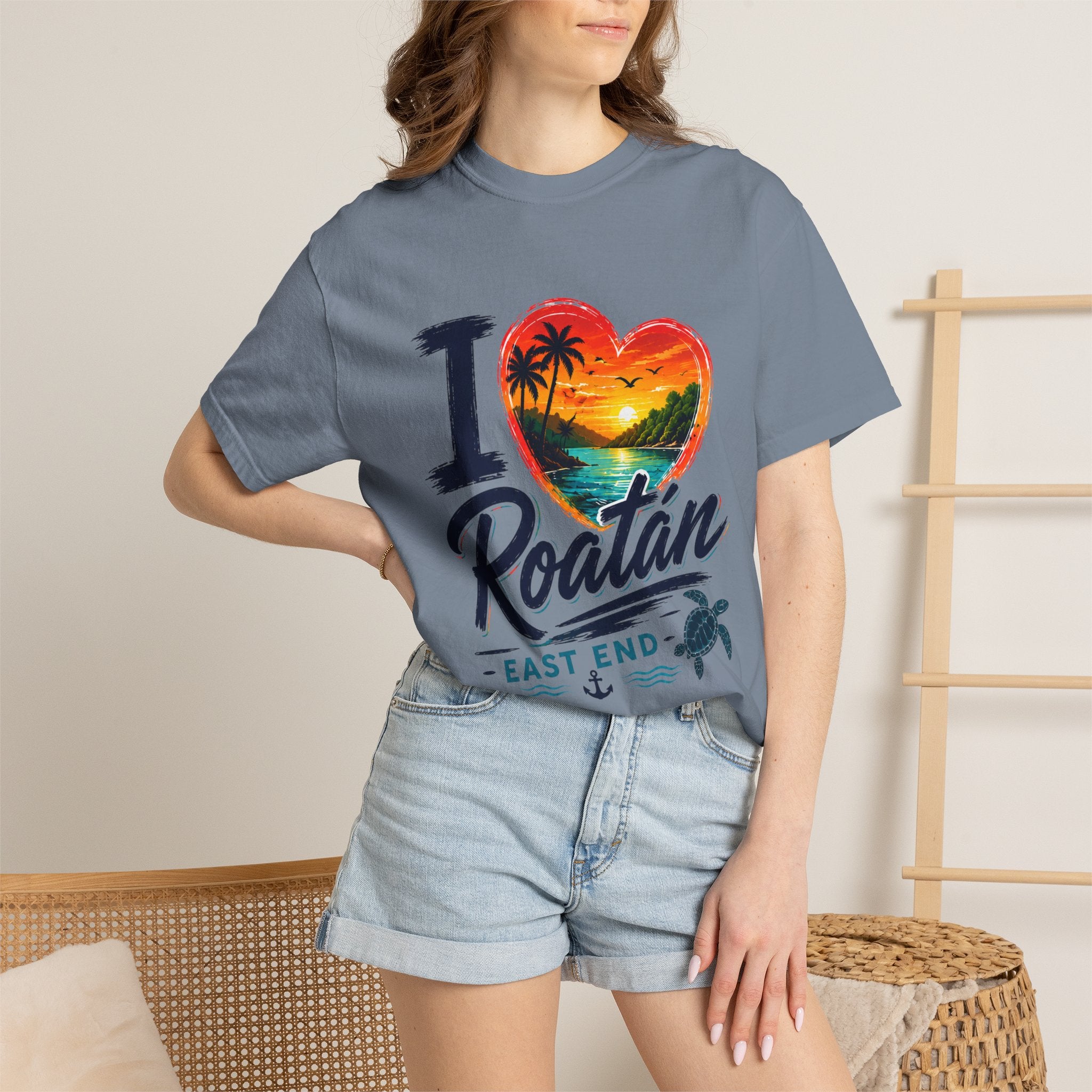 I Love Roatán East End T-Shirt — Tropical Heart Sunset Souvenir