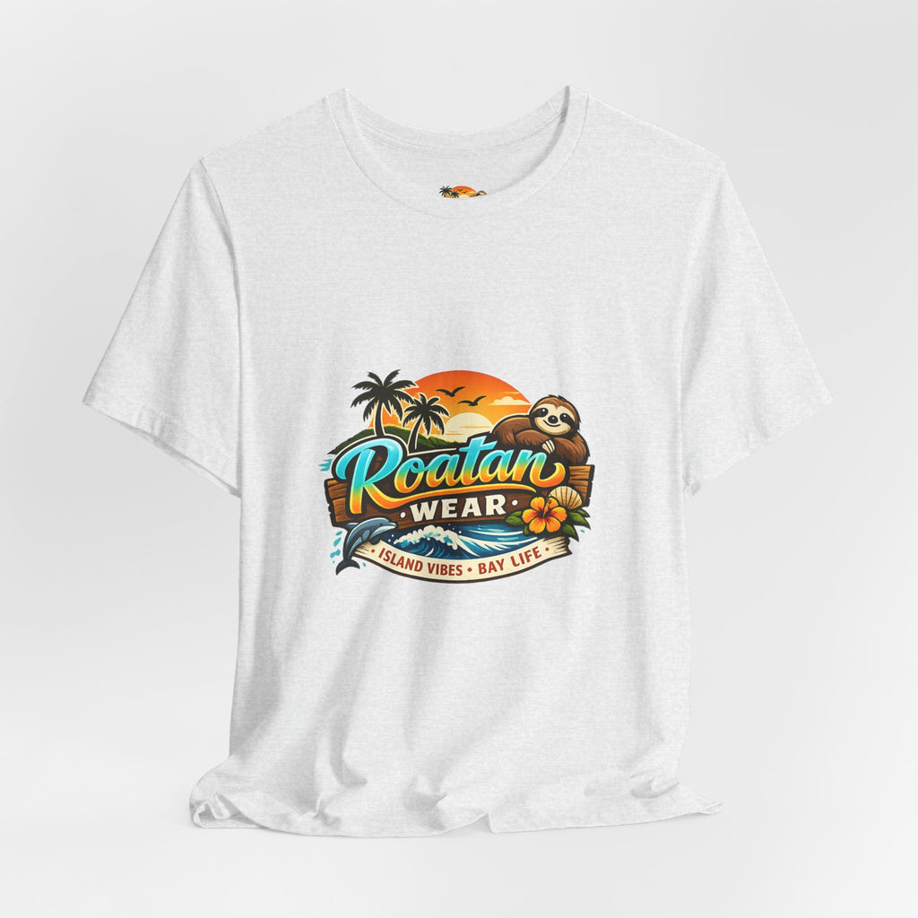 Roatán Wear Tropical Sunset Tee — Island Vibes Sloth Graphic Shirt