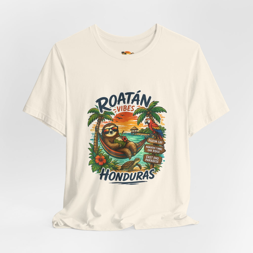 Roatán Vibes Honduras T-Shirt — Tropical Sloth Beach Vacation Tee