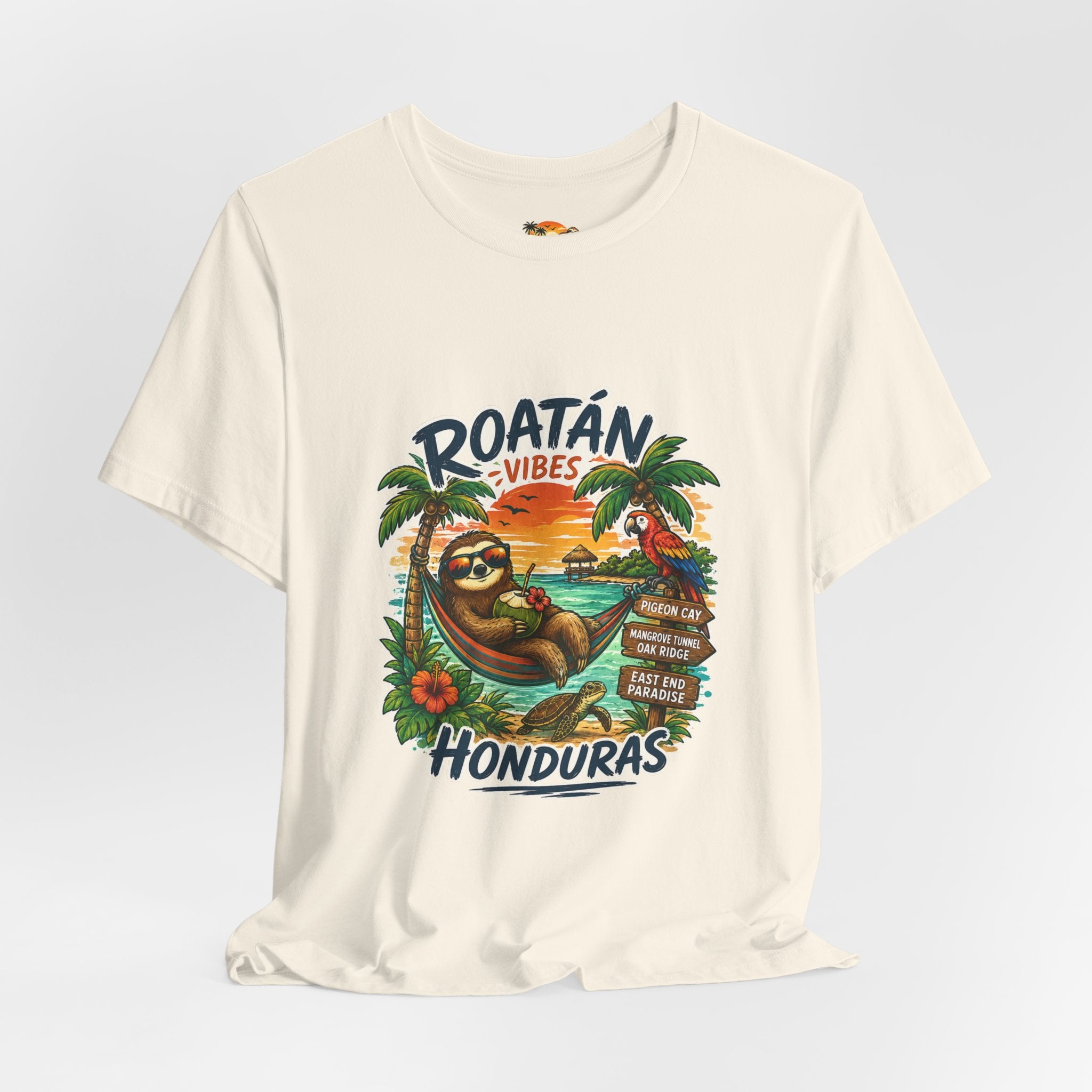 Roatán Vibes Honduras T-Shirt — Tropical Sloth Beach Vacation Tee