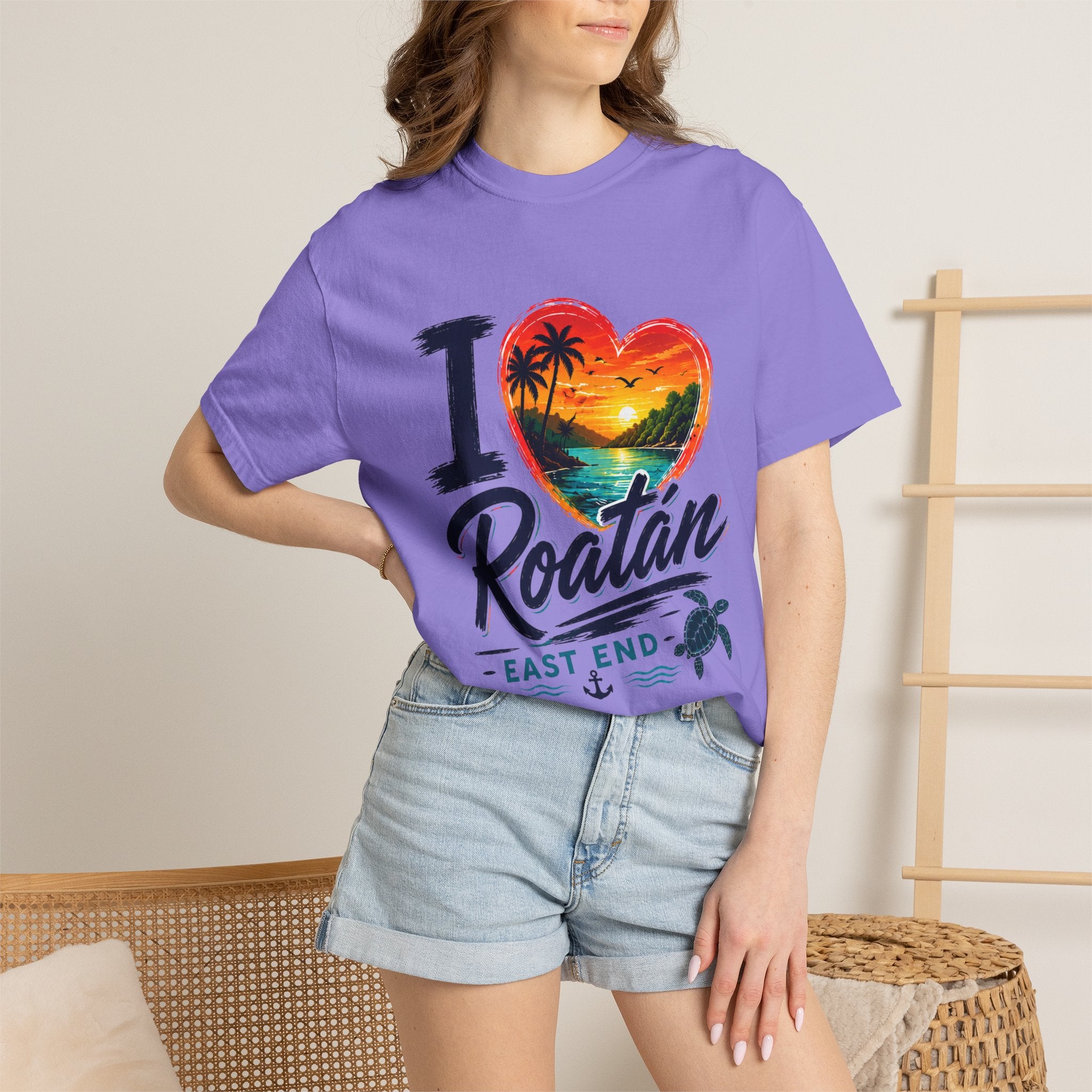 I Love Roatán East End T-Shirt — Tropical Heart Sunset Souvenir