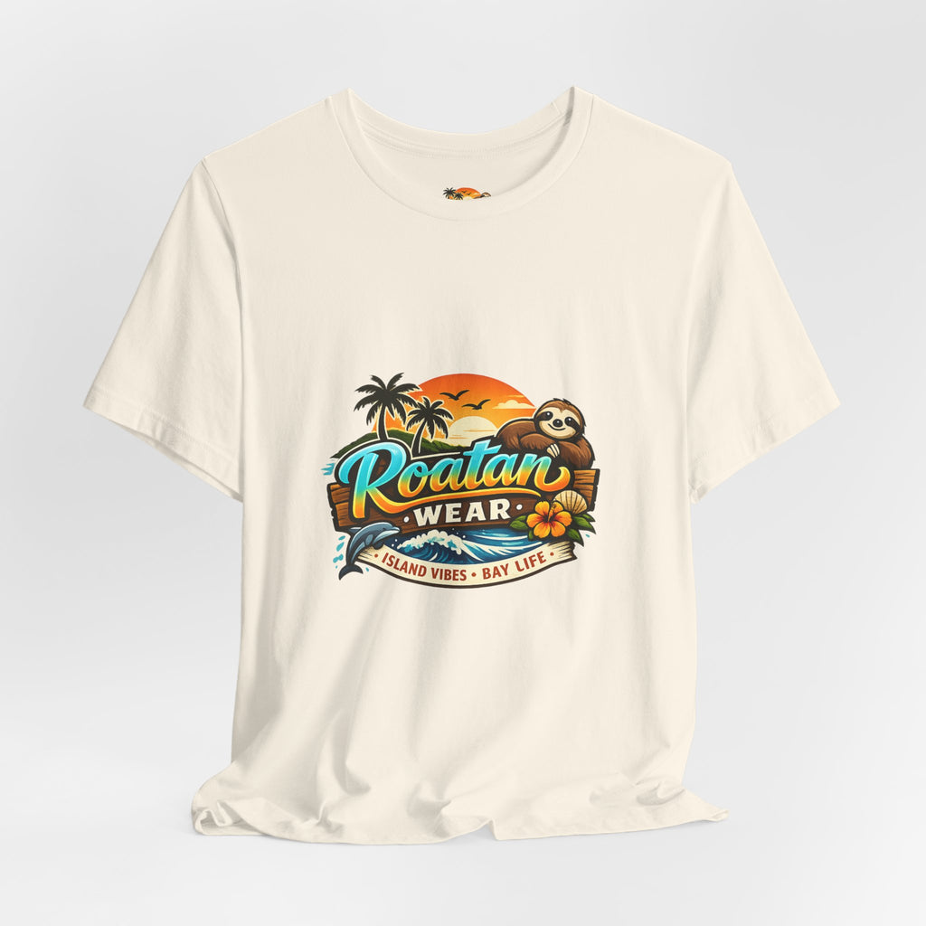 Roatán Wear Tropical Sunset Tee — Island Vibes Sloth Graphic Shirt