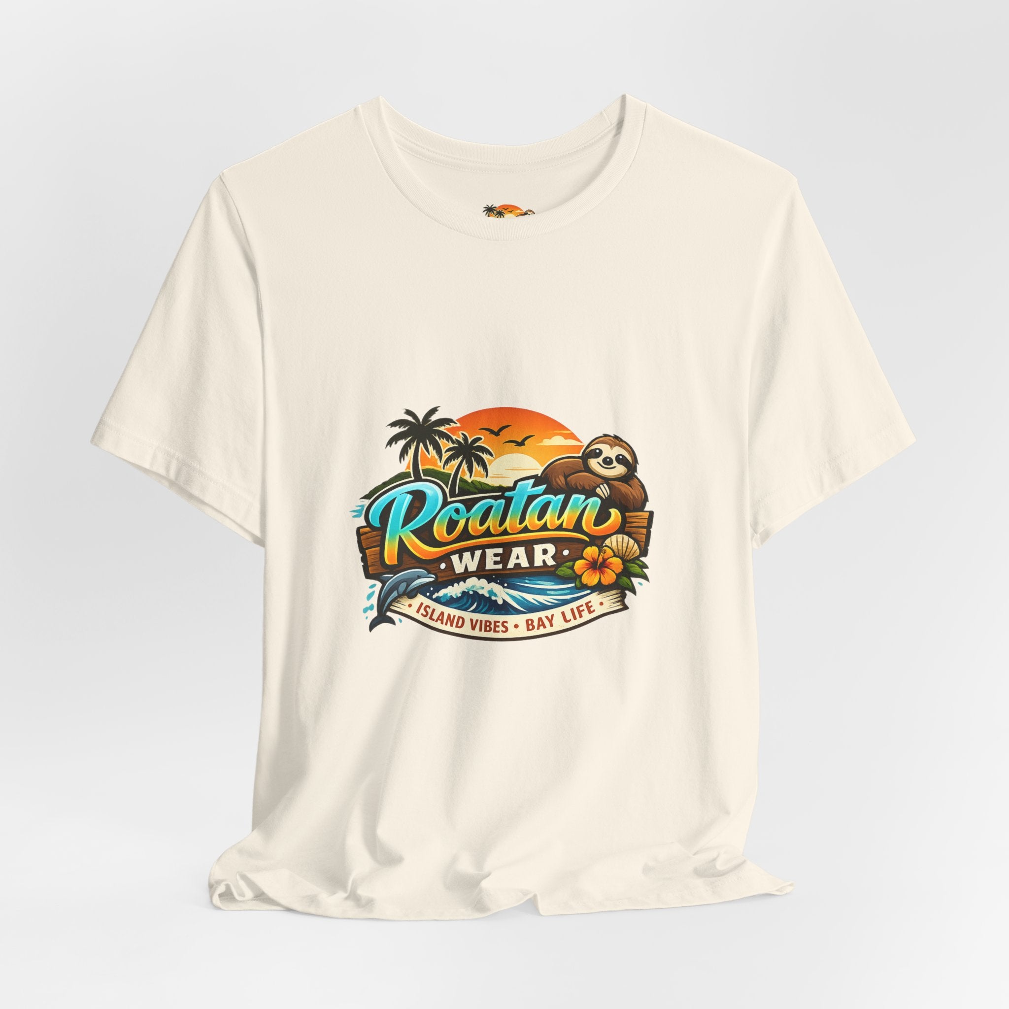 Roatán Wear Tropical Sunset Tee — Island Vibes Sloth Graphic Shirt
