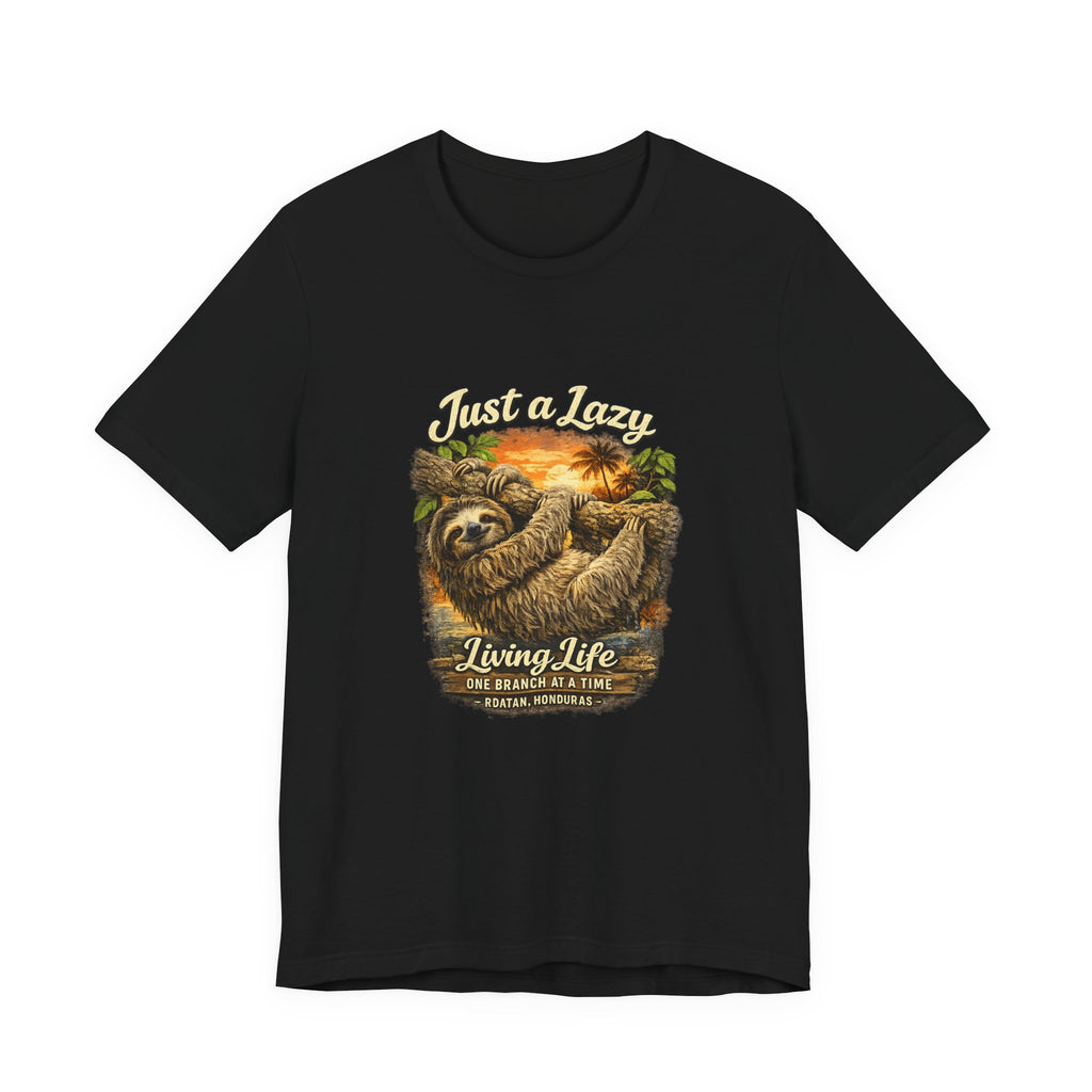 Sloth 'Just a Lazy Living Life' Graphic Tee — Beach Sunset Relaxed T-Shirt