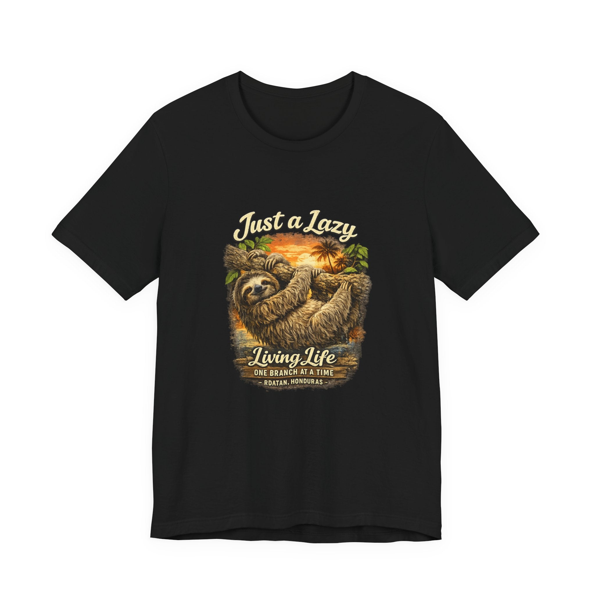 Sloth 'Just a Lazy Living Life' Graphic Tee — Beach Sunset Relaxed T-Shirt