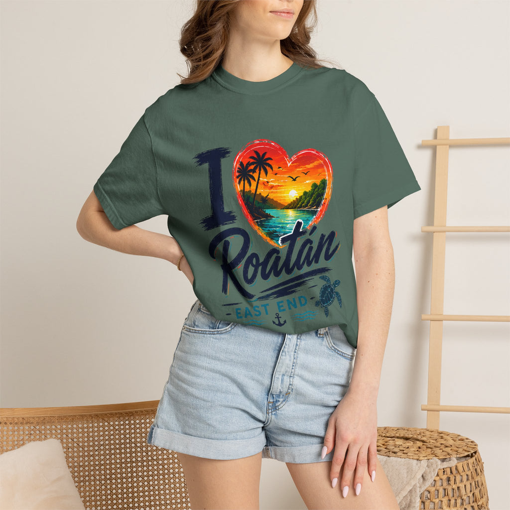 I Love Roatán East End T-Shirt — Tropical Heart Sunset Souvenir