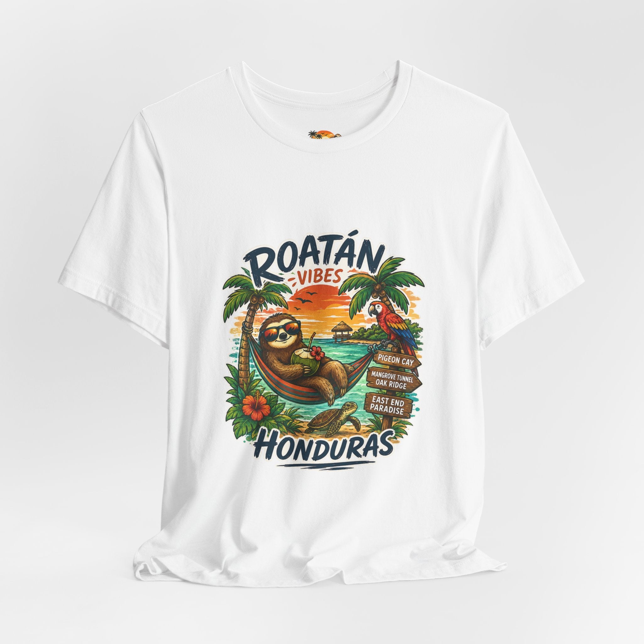 Roatán Vibes Honduras T-Shirt — Tropical Sloth Beach Vacation Tee