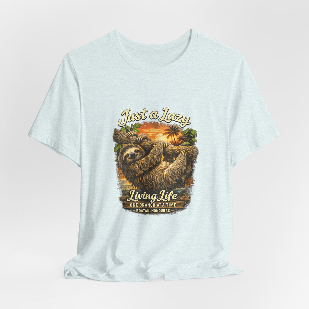 Sloth 'Just a Lazy Living Life' Graphic Tee — Beach Sunset Relaxed T-Shirt