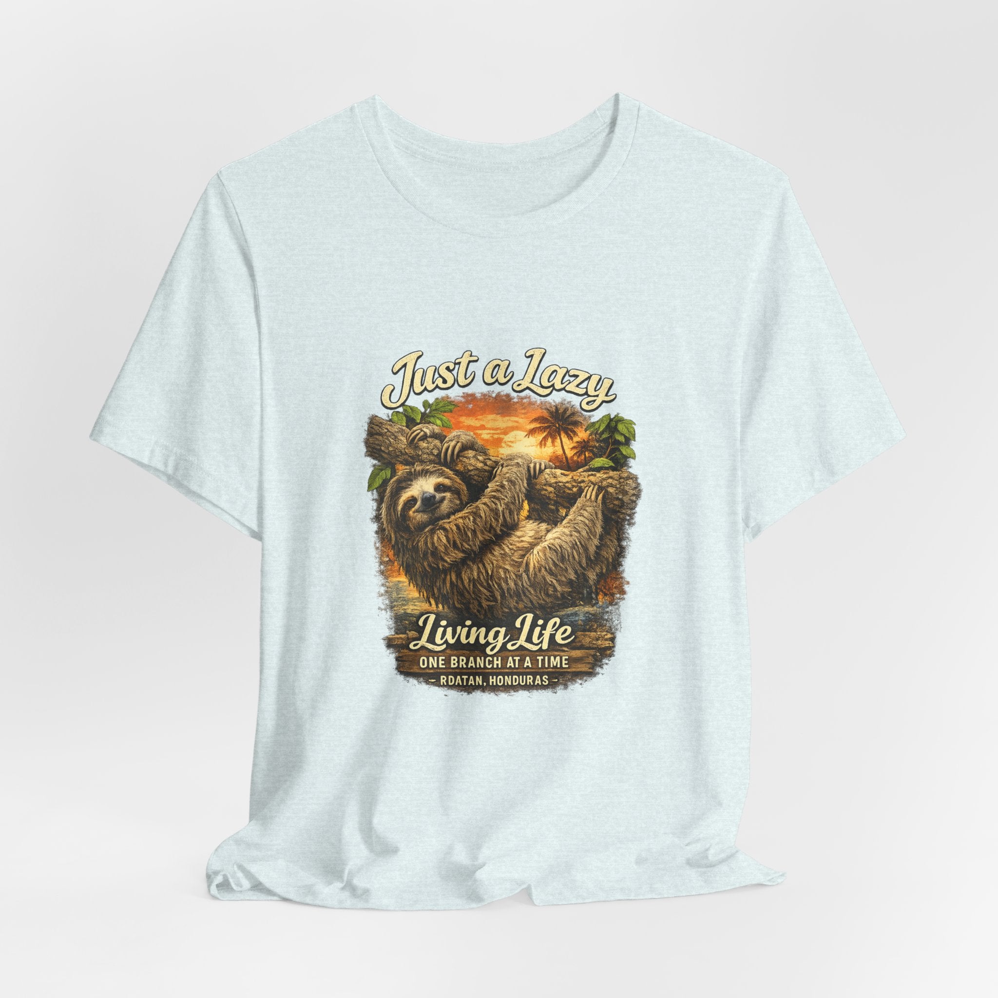 Sloth 'Just a Lazy Living Life' Graphic Tee — Beach Sunset Relaxed T-Shirt