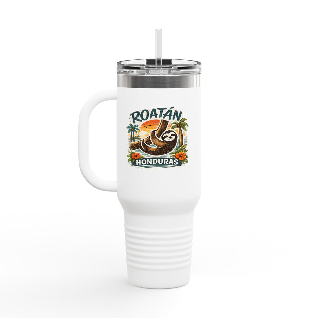 Roatán Honduras Travel Mug 40oz — Tropical Palm & Sloth Insulated Tumbler
