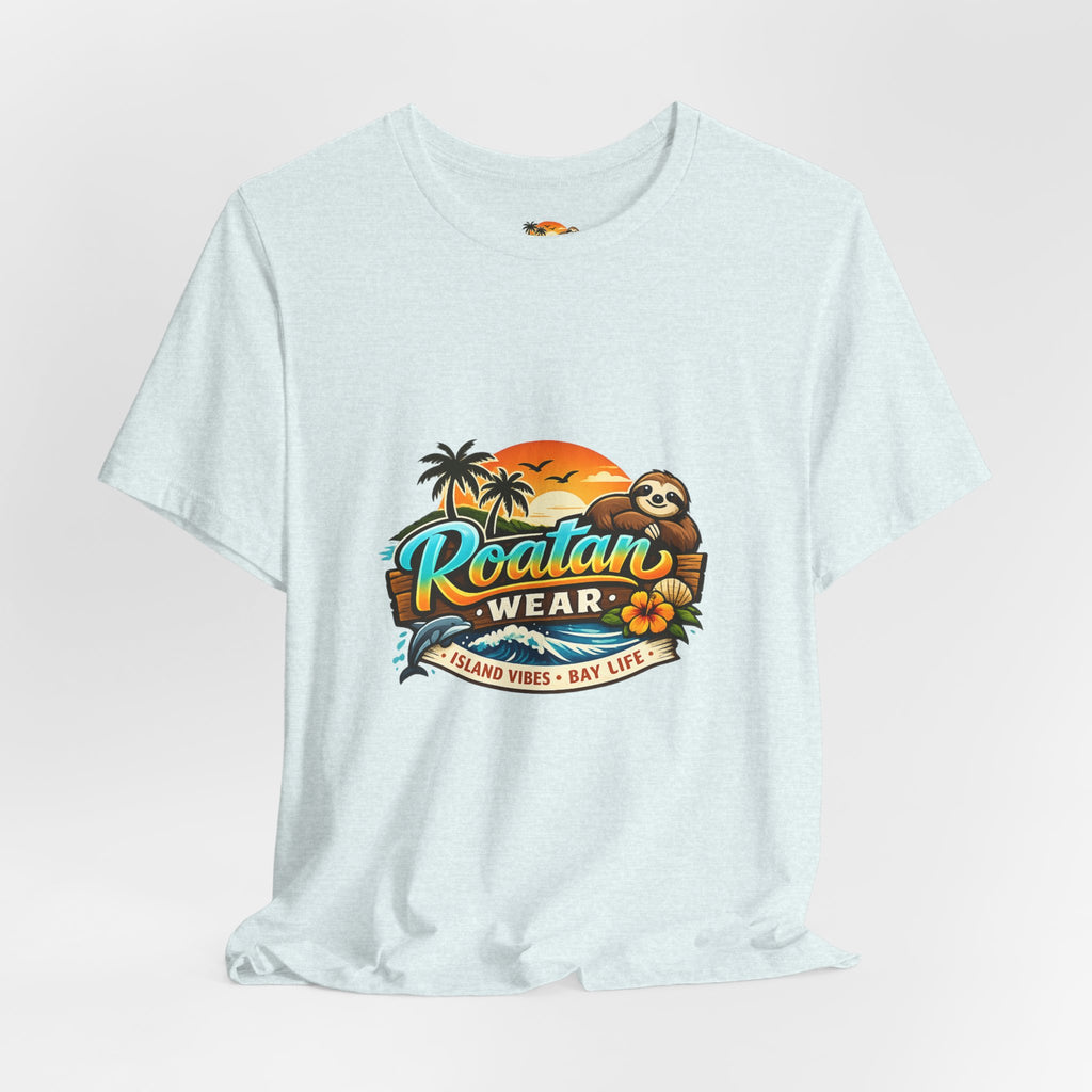 Roatán Wear Tropical Sunset Tee — Island Vibes Sloth Graphic Shirt