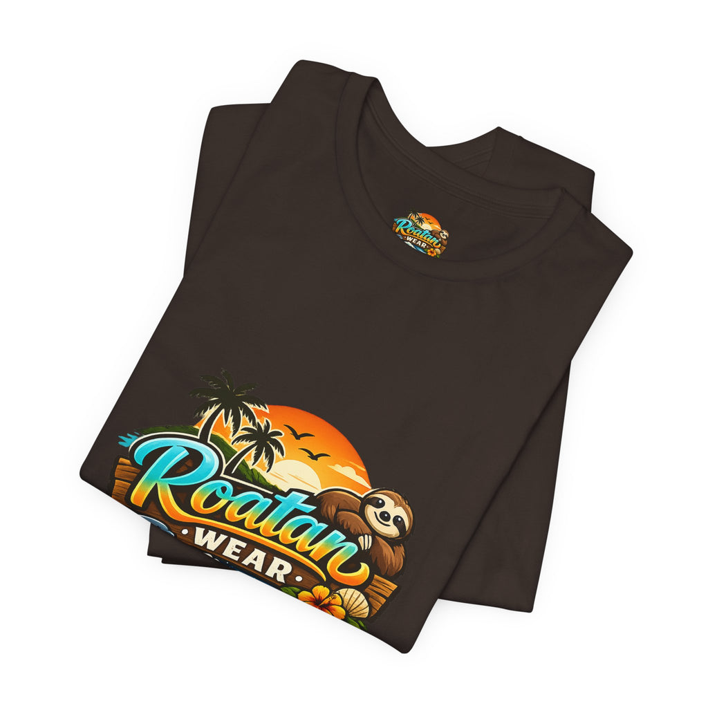 Roatán Wear Tropical Sunset Tee — Island Vibes Sloth Graphic Shirt