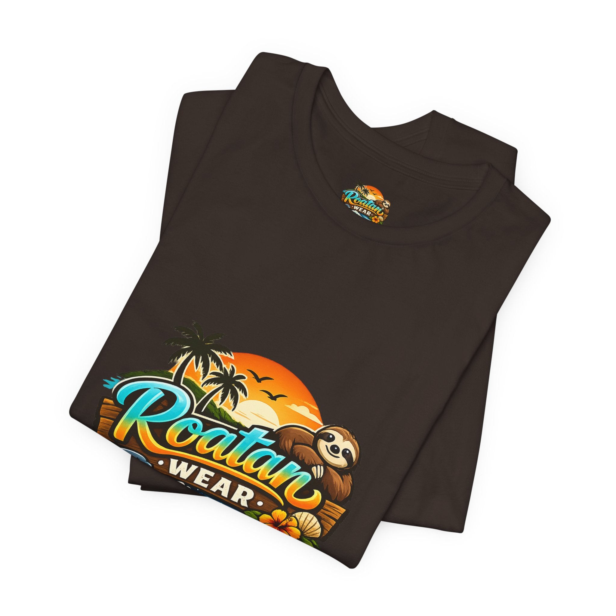 Roatán Wear Tropical Sunset Tee — Island Vibes Sloth Graphic Shirt