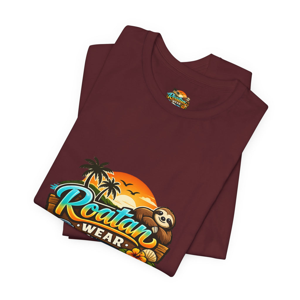 Roatán Wear Tropical Sunset Tee — Island Vibes Sloth Graphic Shirt