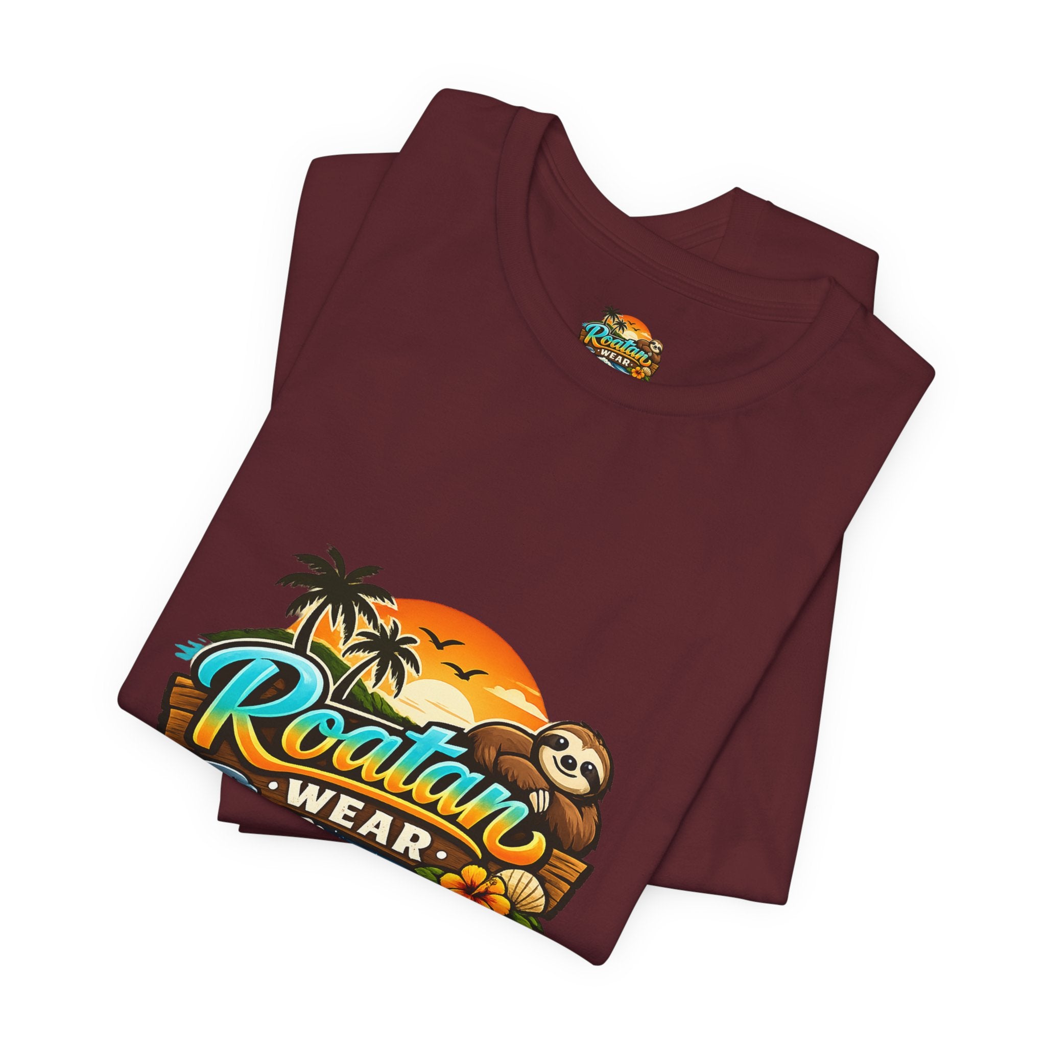Roatán Wear Tropical Sunset Tee — Island Vibes Sloth Graphic Shirt