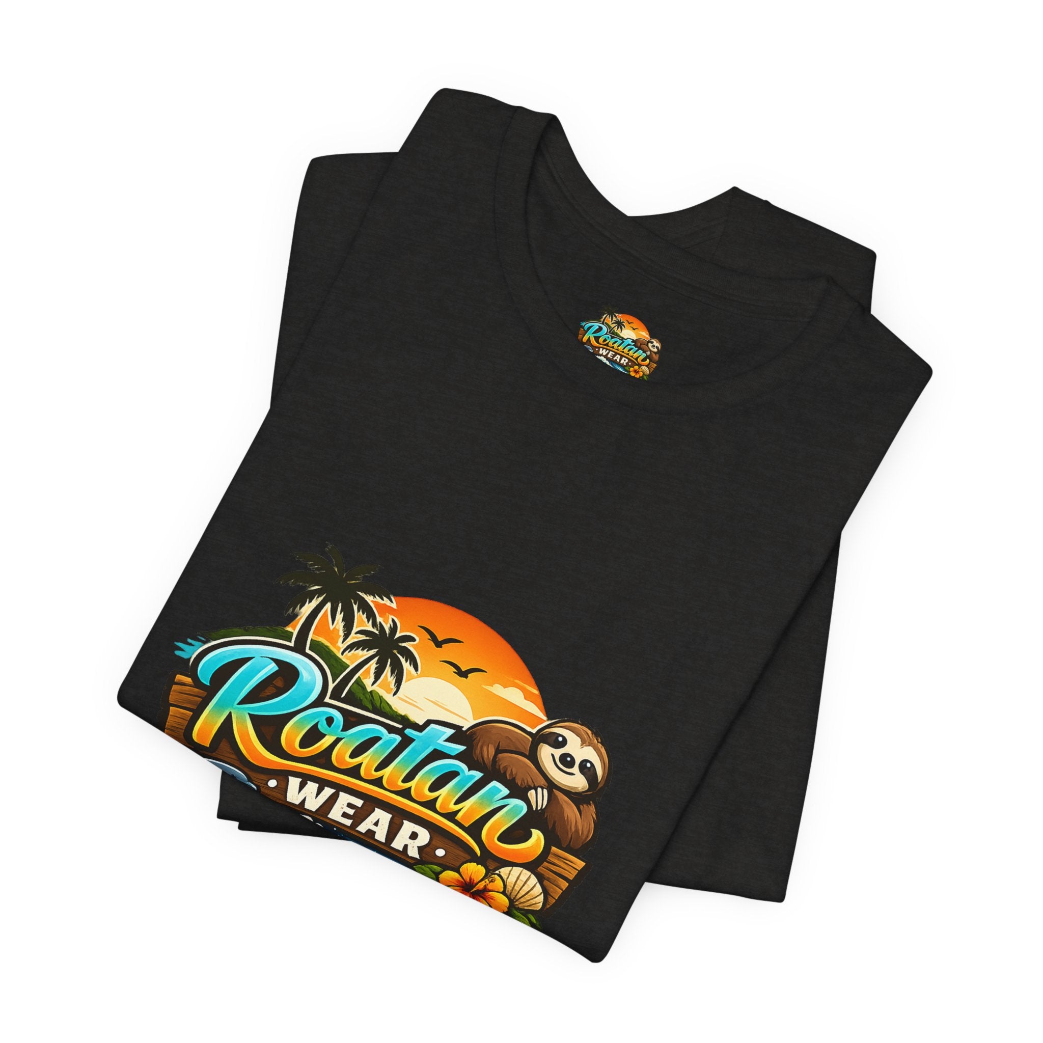 Roatán Wear Tropical Sunset Tee — Island Vibes Sloth Graphic Shirt