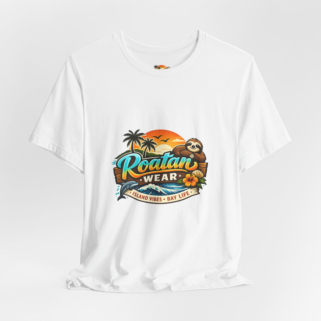 Roatán Wear Tropical Sunset Tee — Island Vibes Sloth Graphic Shirt