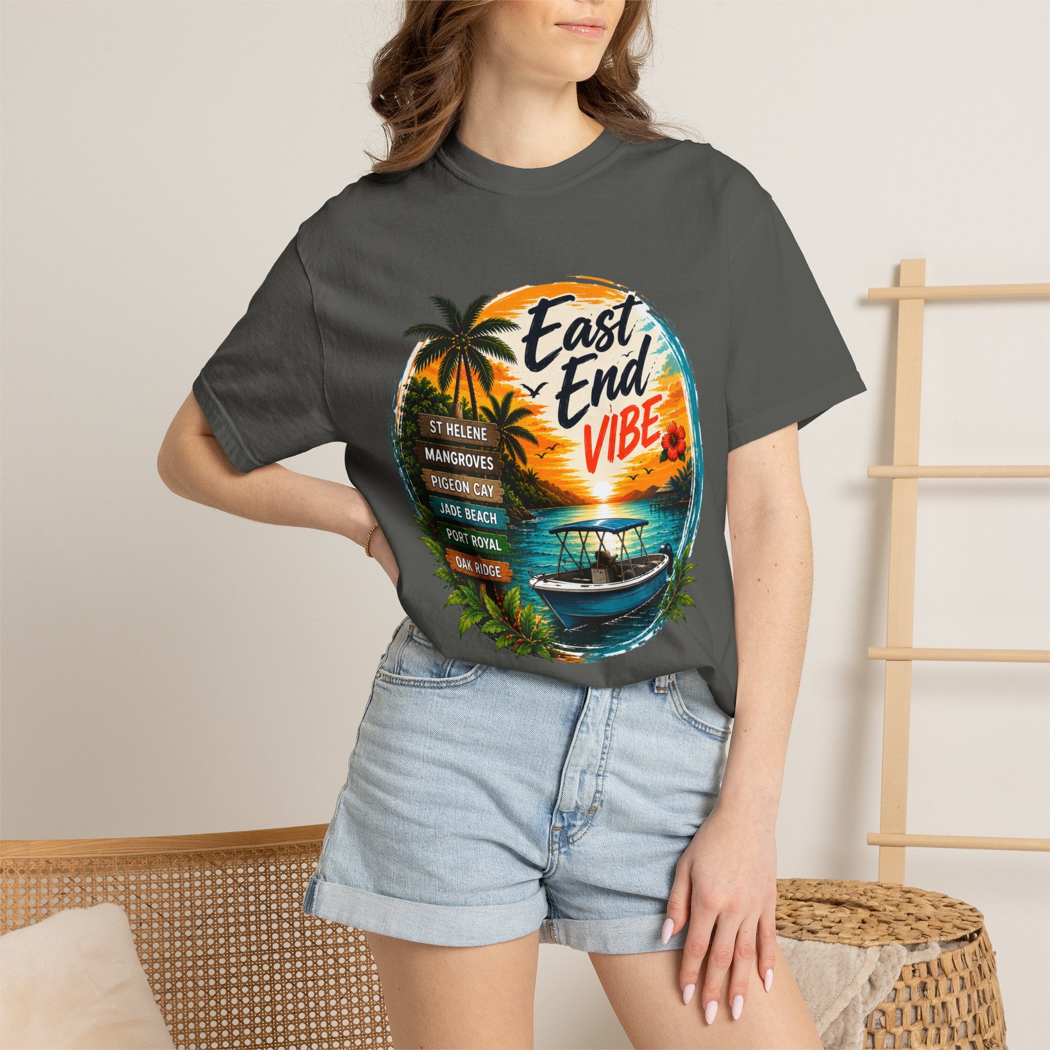East End Vibe Beach T-Shirt — Tropical Palm Sunset Graphic Tee