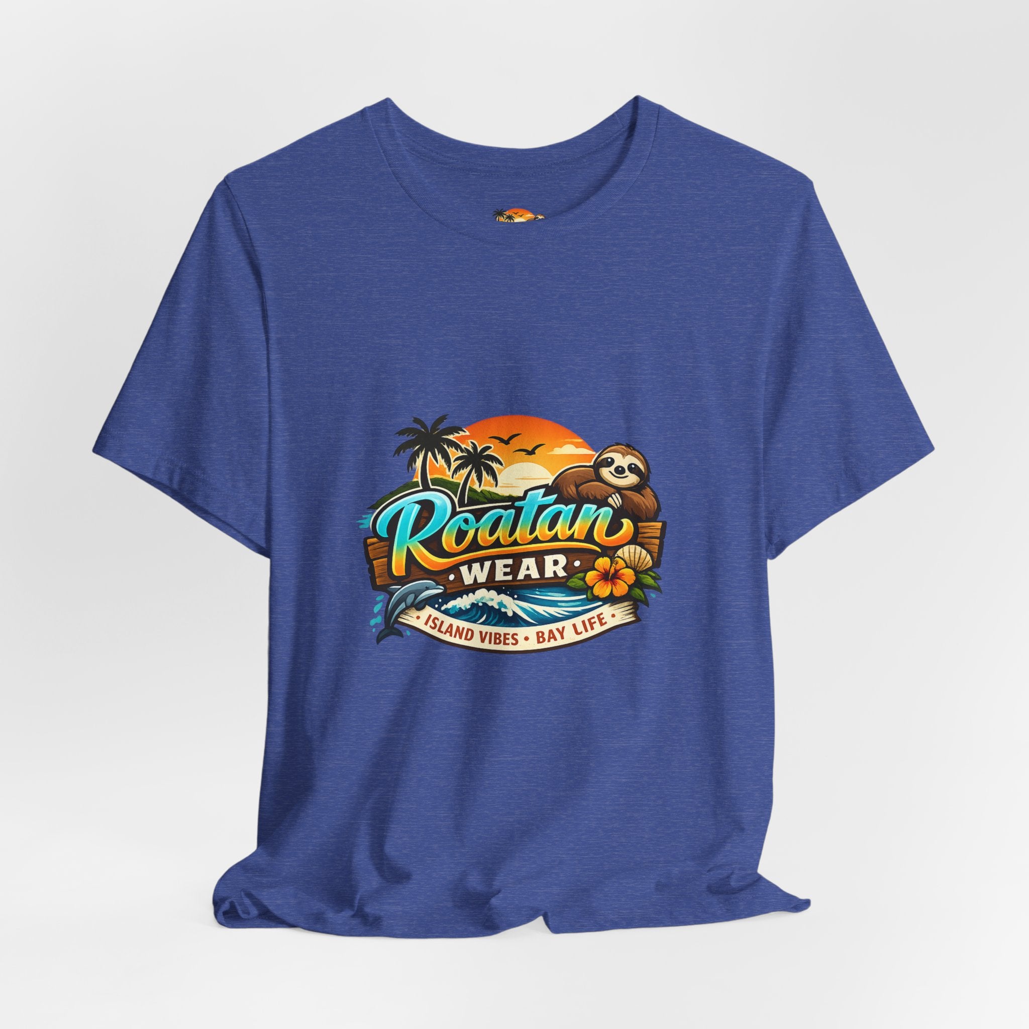 Roatán Wear Tropical Sunset Tee — Island Vibes Sloth Graphic Shirt
