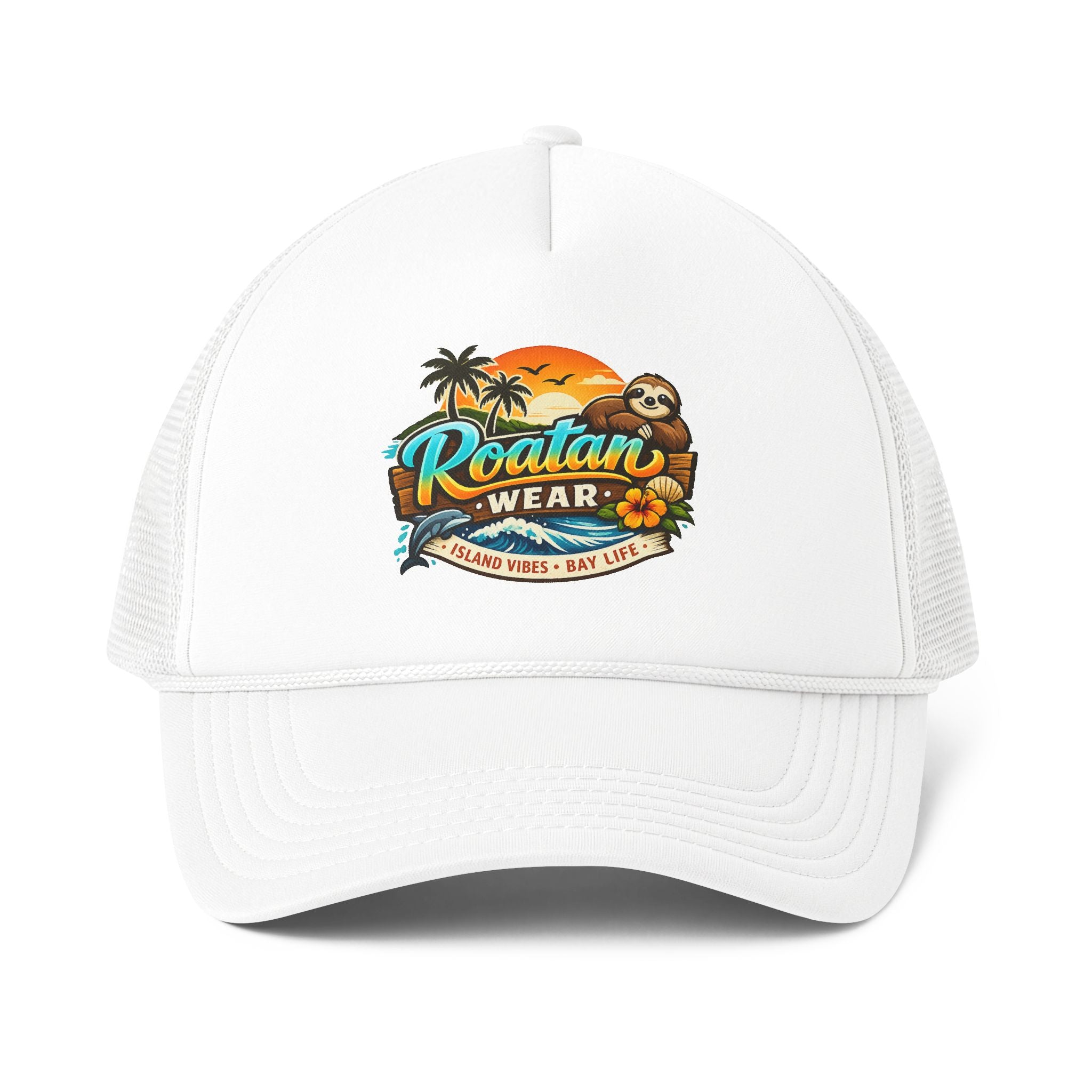 Trucker Cap — Roatan Wear Island Vibes (Sunset, Palm Trees & Sloth)