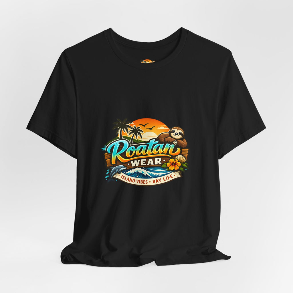 Roatán Wear Tropical Sunset Tee — Island Vibes Sloth Graphic Shirt