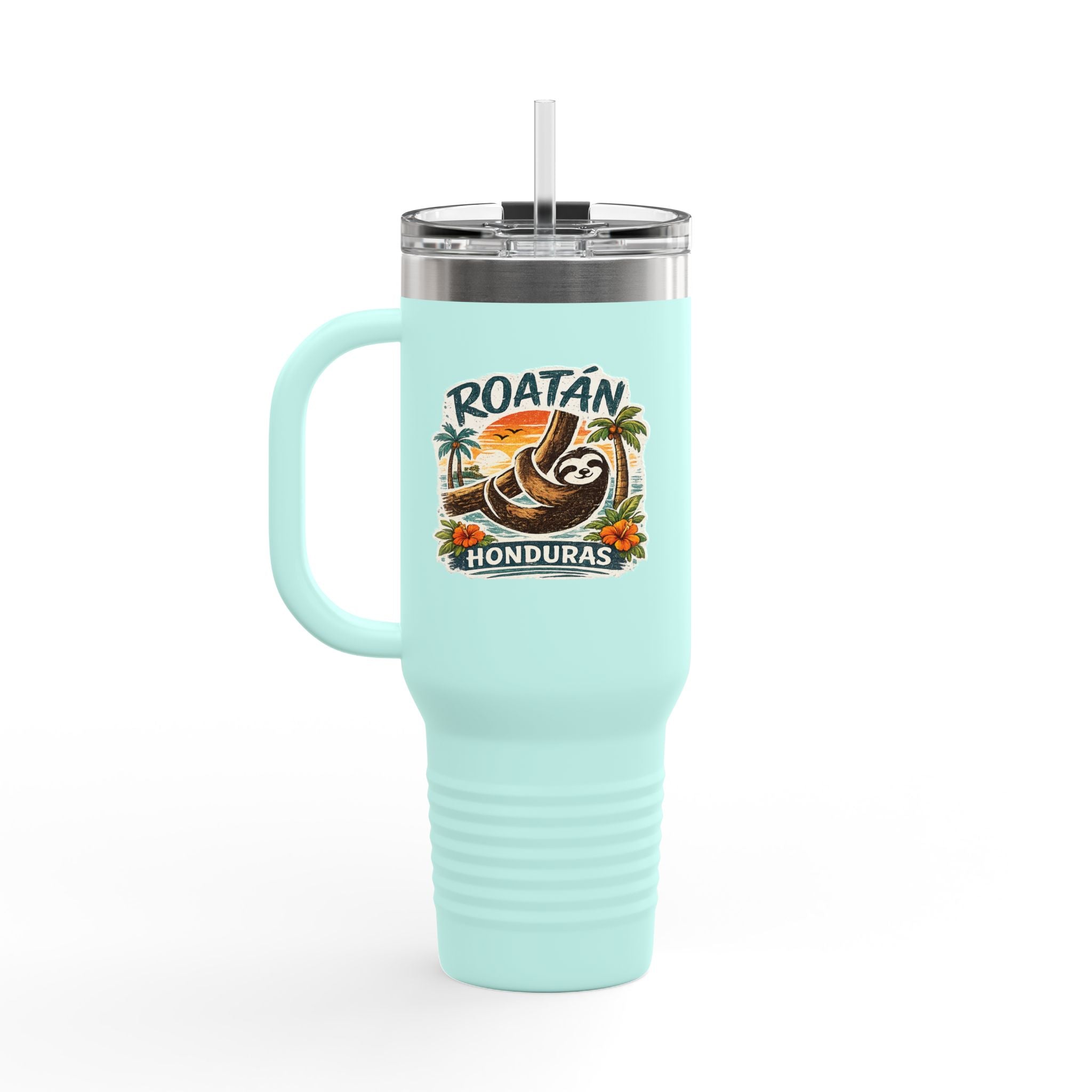 Roatán Honduras Travel Mug 40oz — Tropical Palm & Sloth Insulated Tumbler