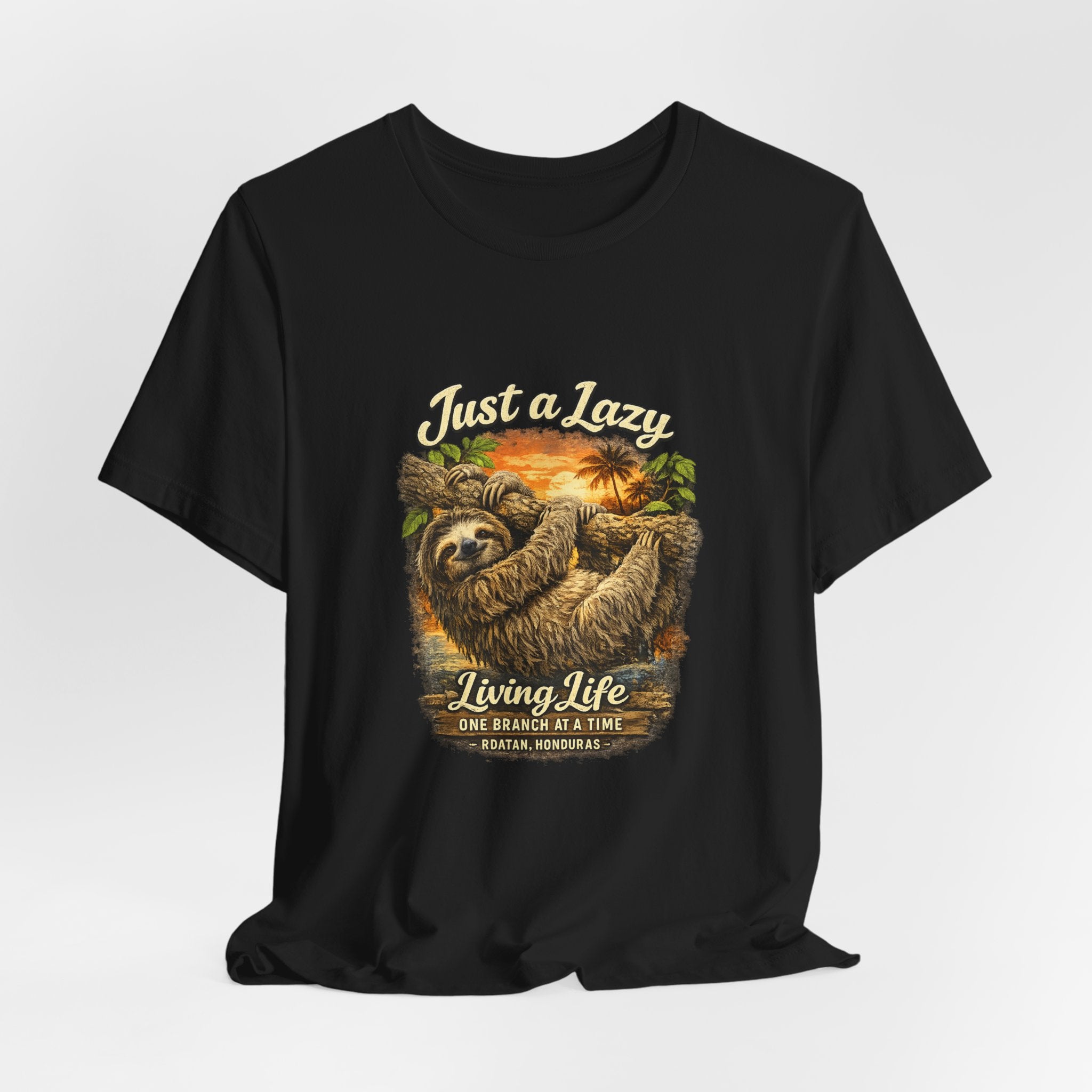 Sloth 'Just a Lazy Living Life' Graphic Tee — Beach Sunset Relaxed T-Shirt