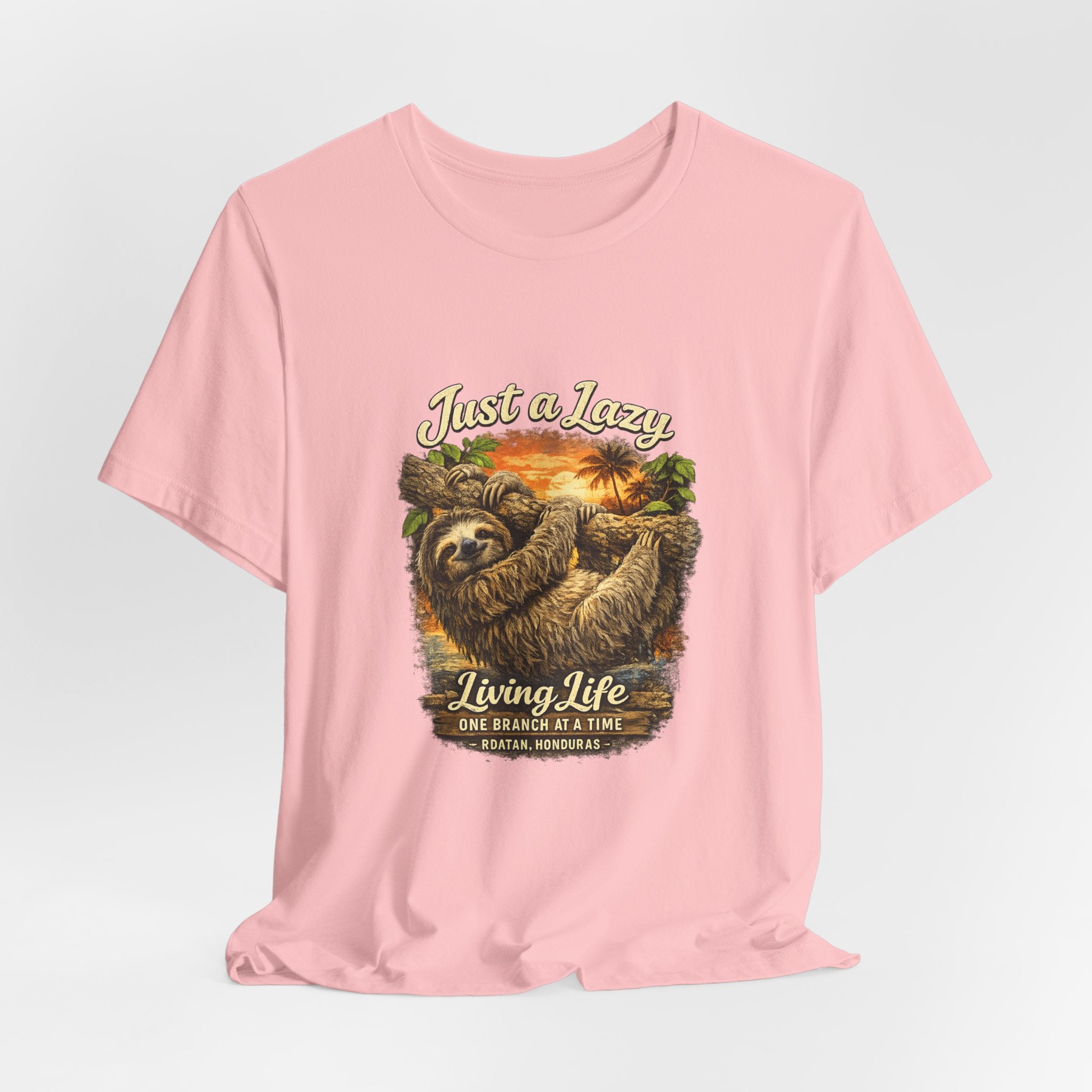 Sloth 'Just a Lazy Living Life' Graphic Tee — Beach Sunset Relaxed T-Shirt