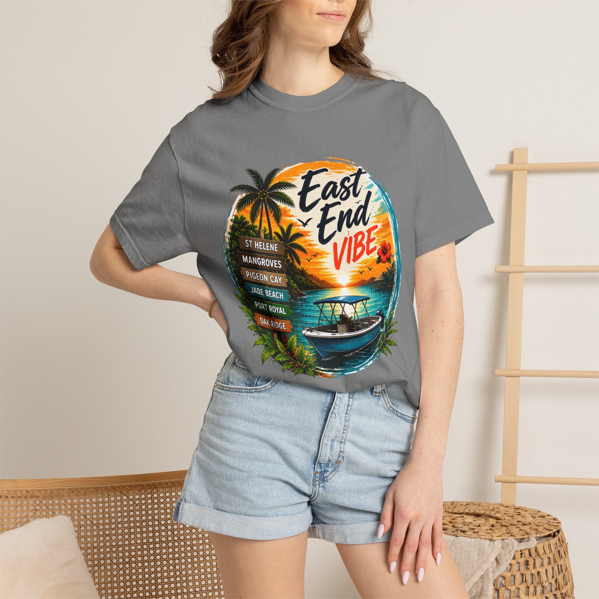 East End Vibe Beach T-Shirt — Tropical Palm Sunset Graphic Tee