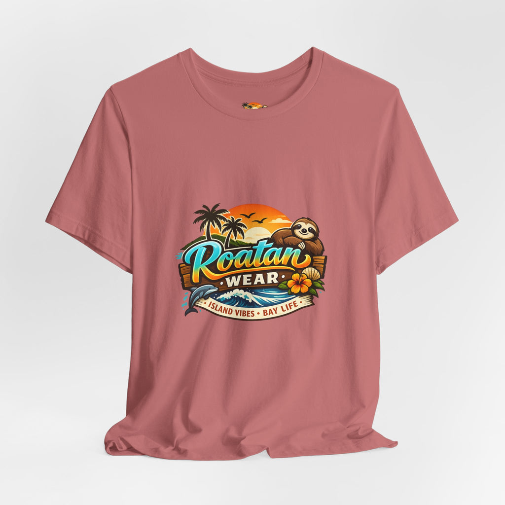 Roatán Wear Tropical Sunset Tee — Island Vibes Sloth Graphic Shirt