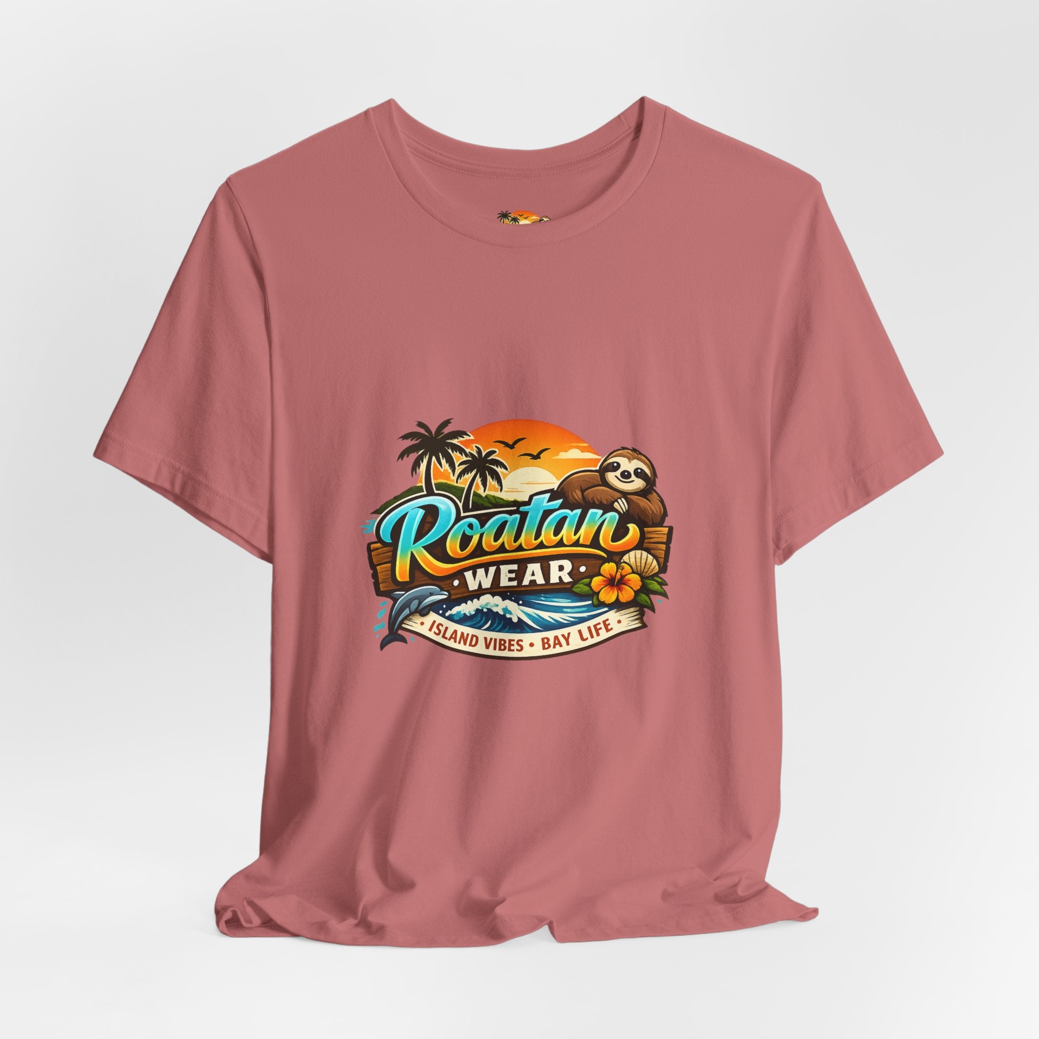 Roatán Wear Tropical Sunset Tee — Island Vibes Sloth Graphic Shirt