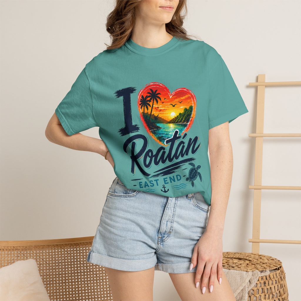 I Love Roatán East End T-Shirt — Tropical Heart Sunset Souvenir