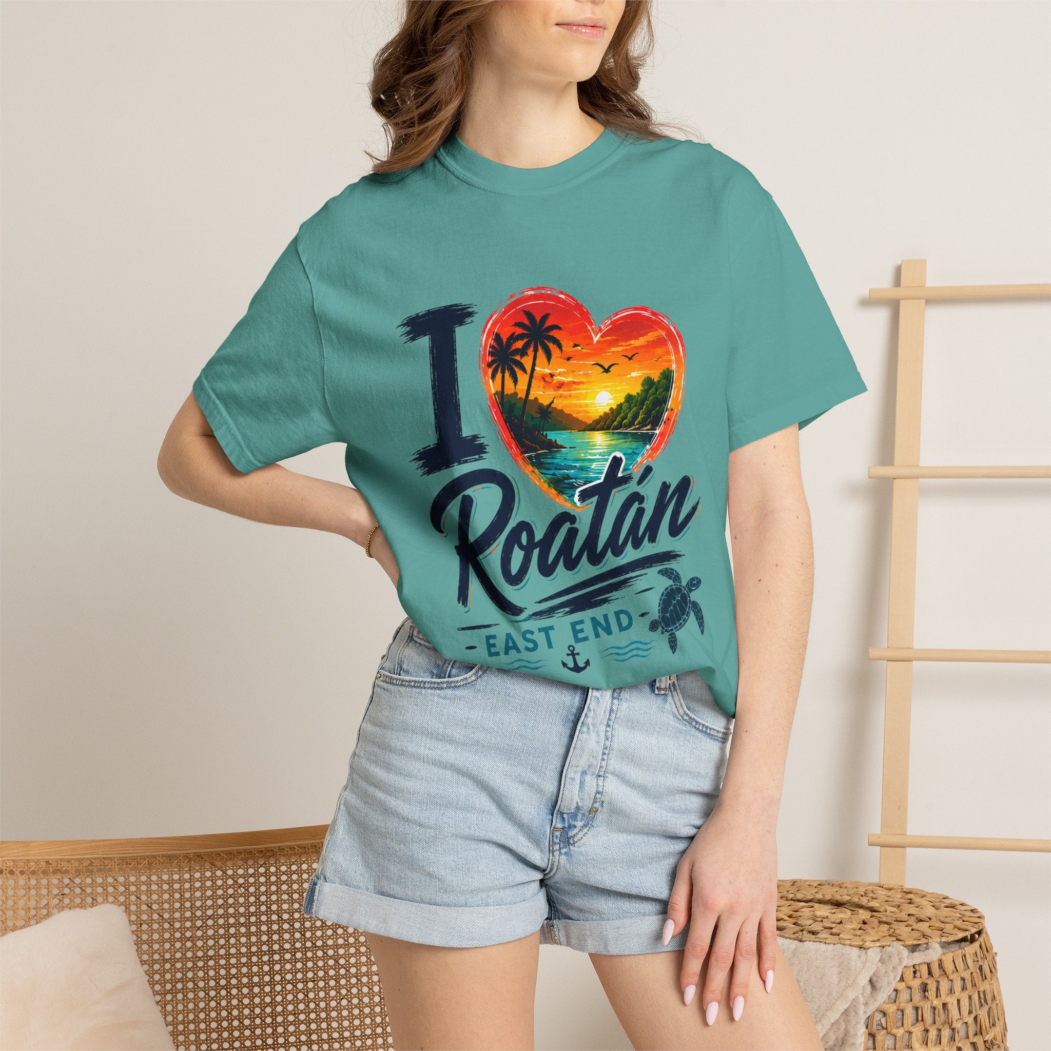 I Love Roatán East End T-Shirt — Tropical Heart Sunset Souvenir
