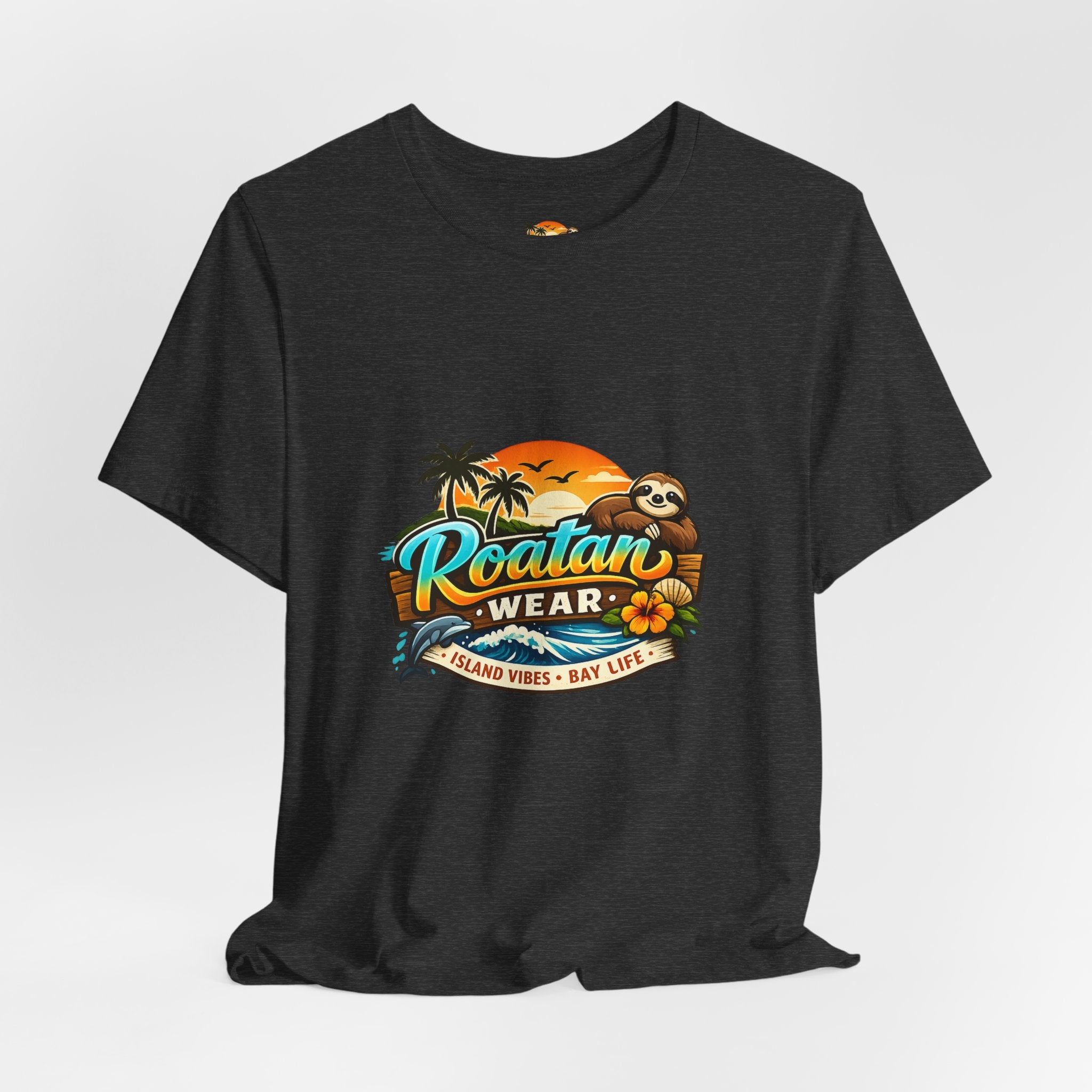 Roatán Wear Tropical Sunset Tee — Island Vibes Sloth Graphic Shirt