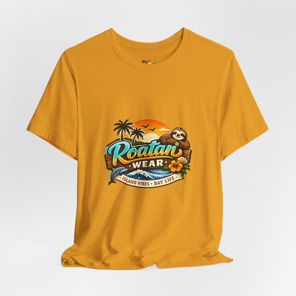 Roatán Wear Tropical Sunset Tee — Island Vibes Sloth Graphic Shirt