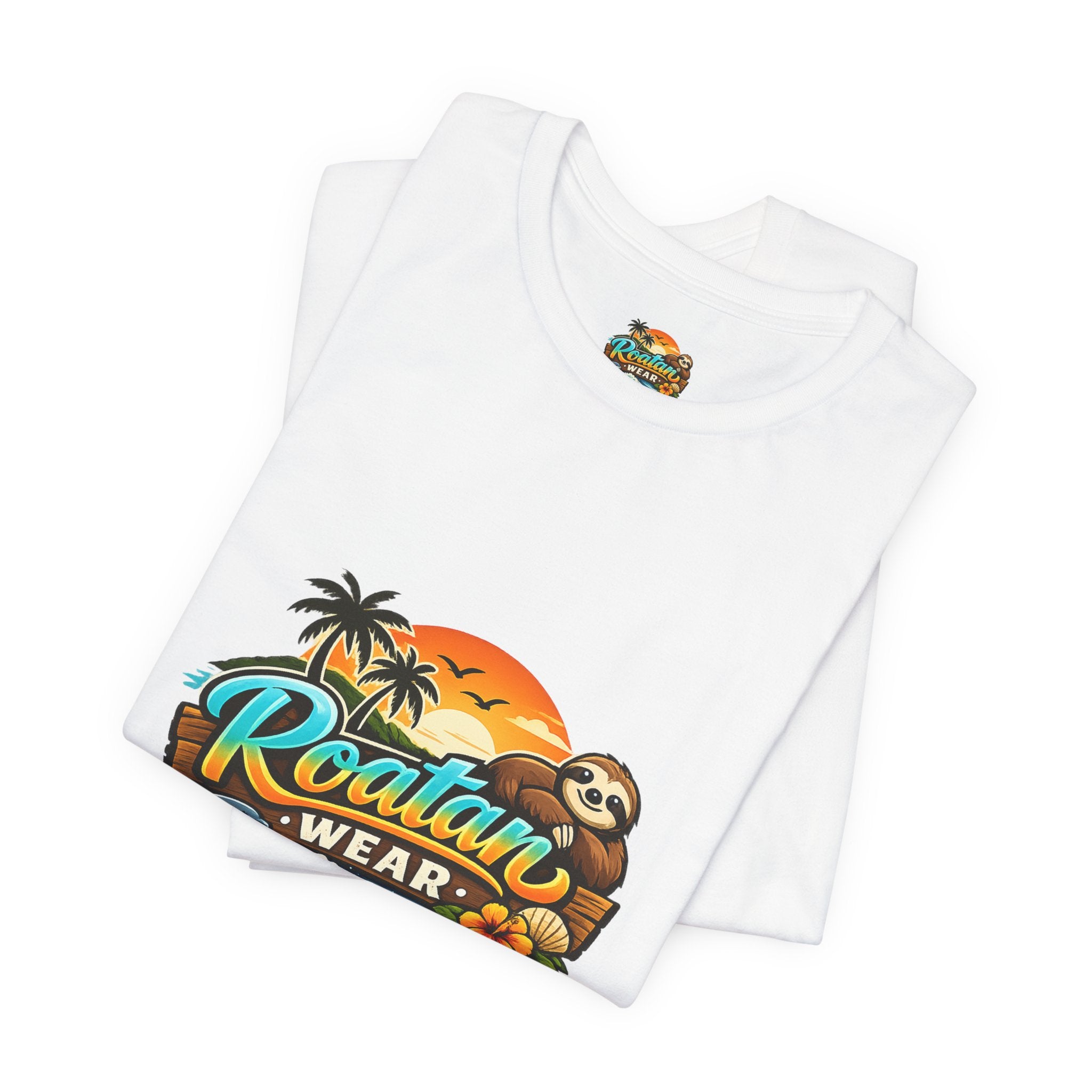 Roatán Wear Tropical Sunset Tee — Island Vibes Sloth Graphic Shirt
