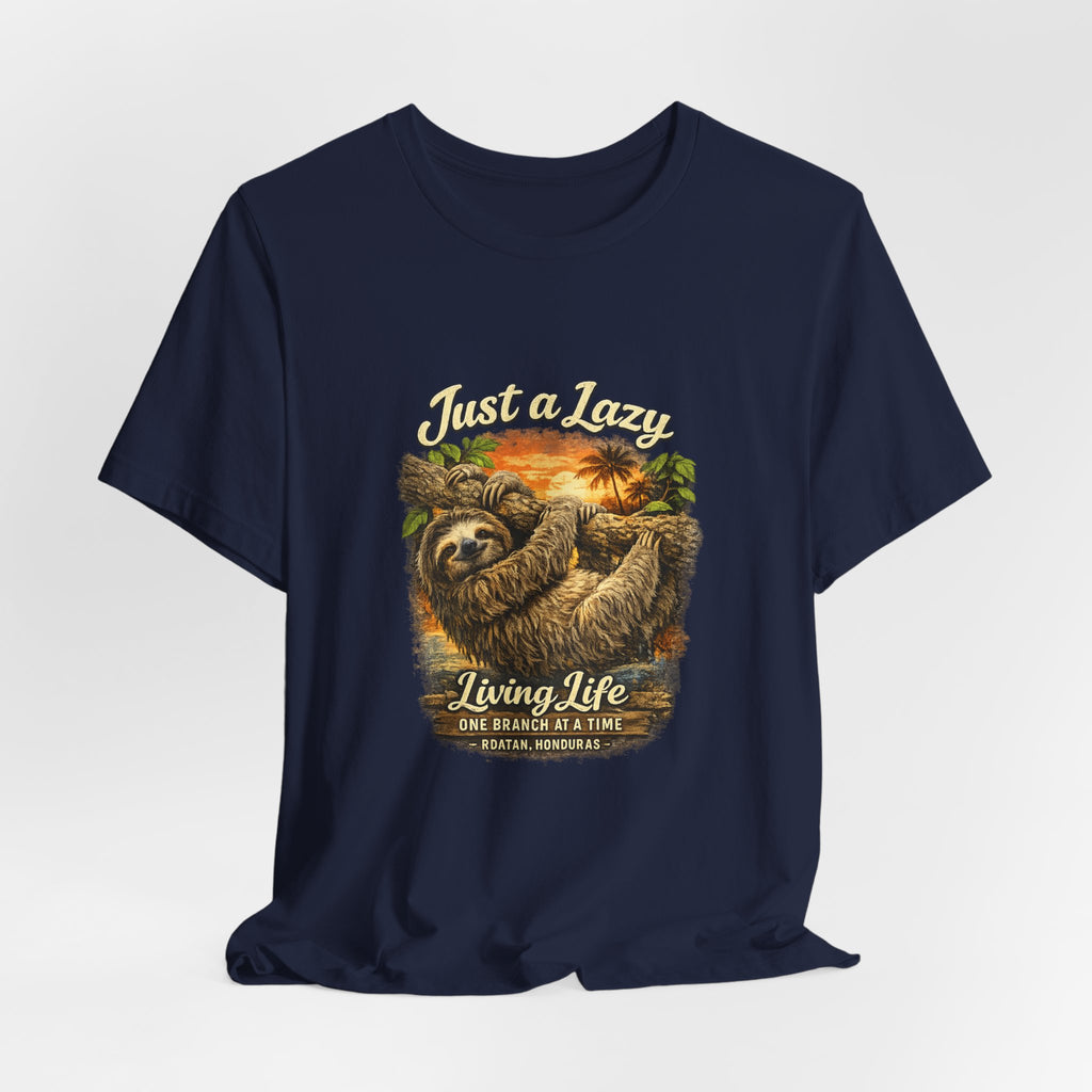Sloth 'Just a Lazy Living Life' Graphic Tee — Beach Sunset Relaxed T-Shirt
