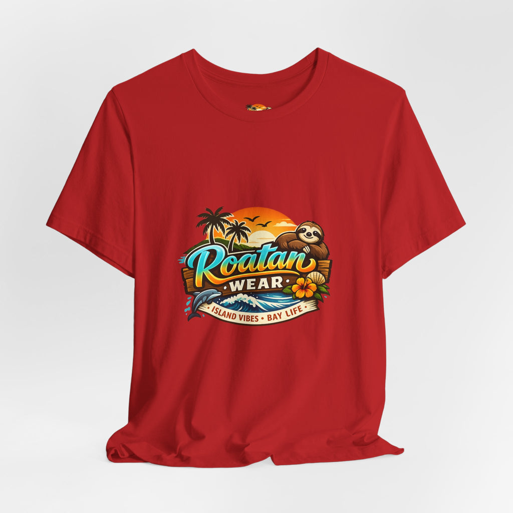Roatán Wear Tropical Sunset Tee — Island Vibes Sloth Graphic Shirt